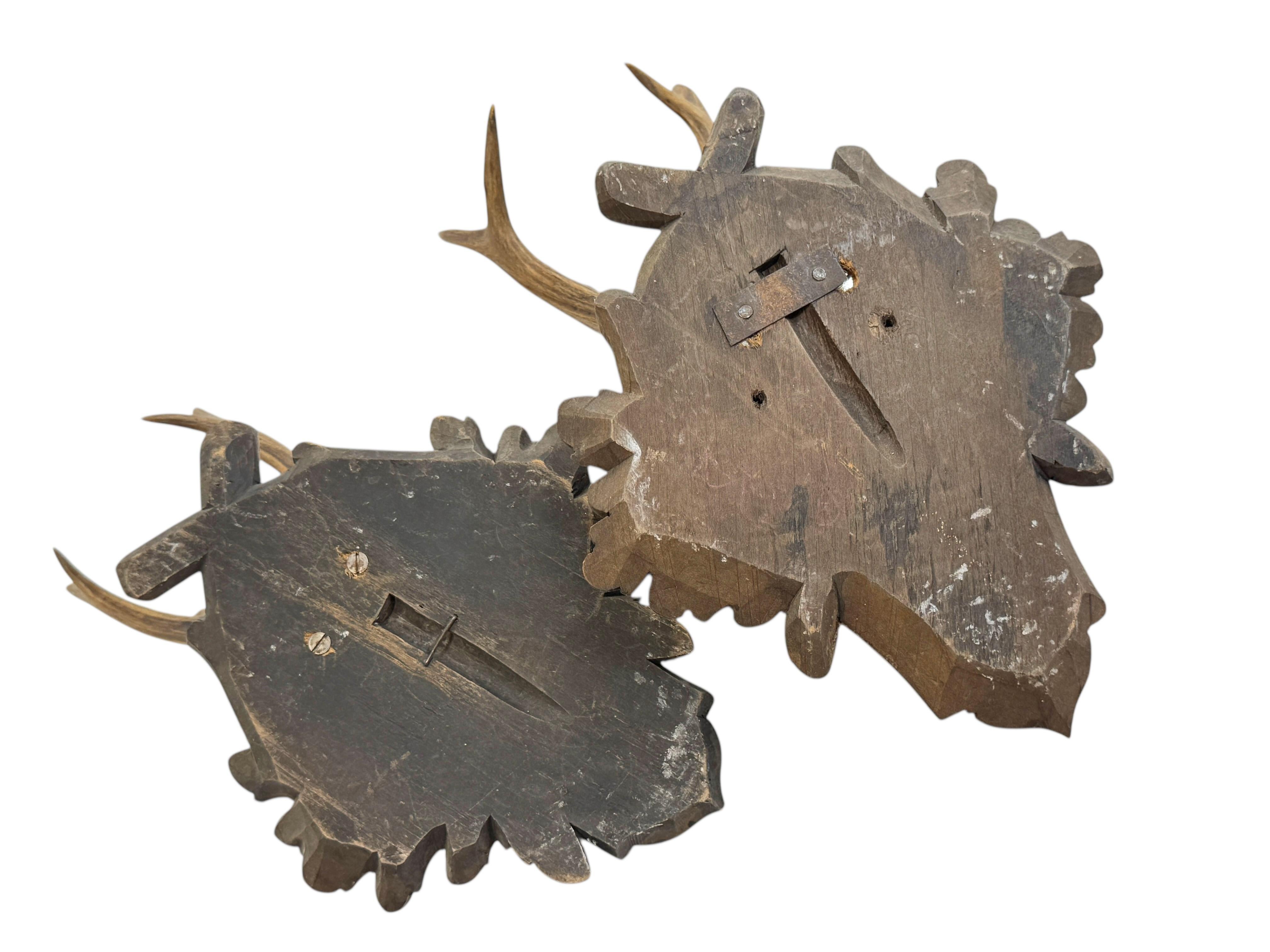 Two Deer Antler Mount Trophy Black Forest on Wood Plaque Austria Folk Art 1940s For Sale 2