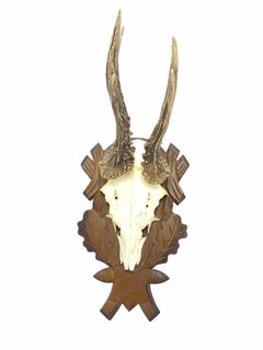 Two Deer Antler Mount Trophy on Black Forest Carved Wood Plaque, German, 1970s
