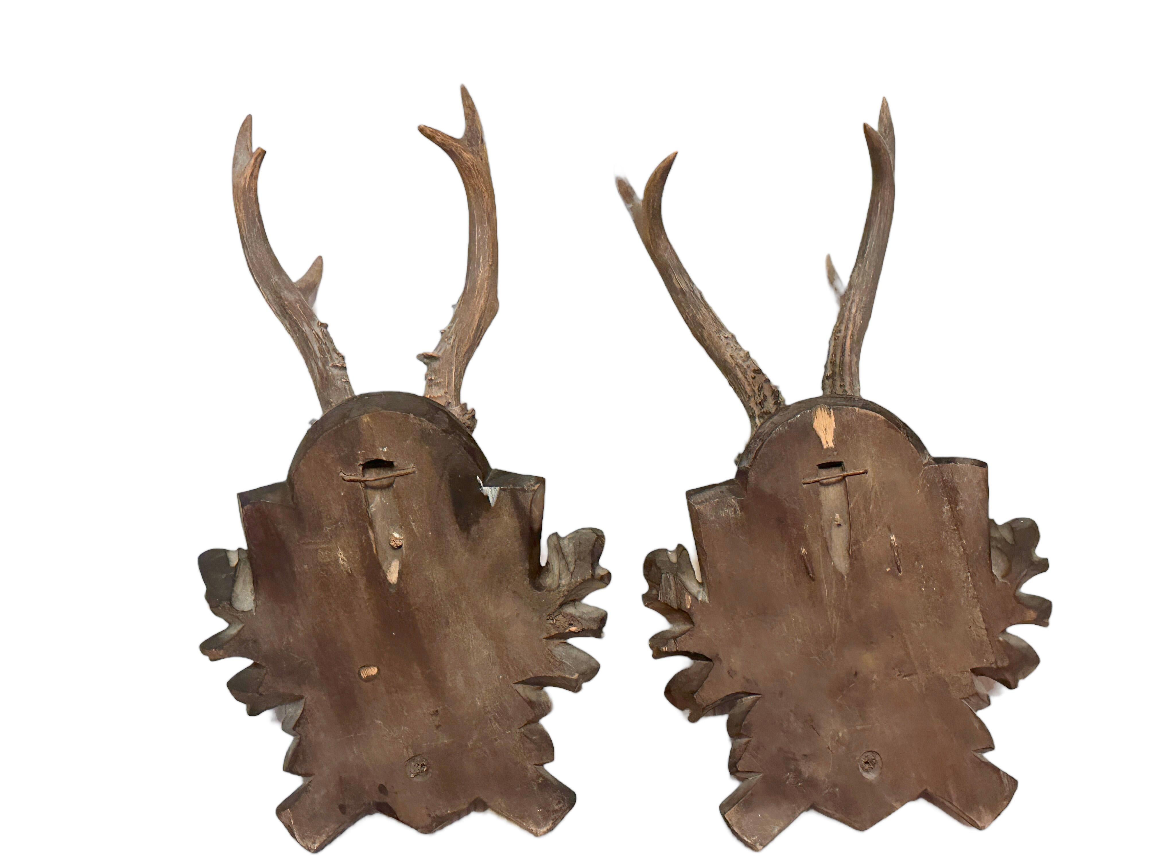Hand-Carved Two Deer Antler Mount Trophy on Black Forest Carved Wood Plaque German Folk Art  For Sale