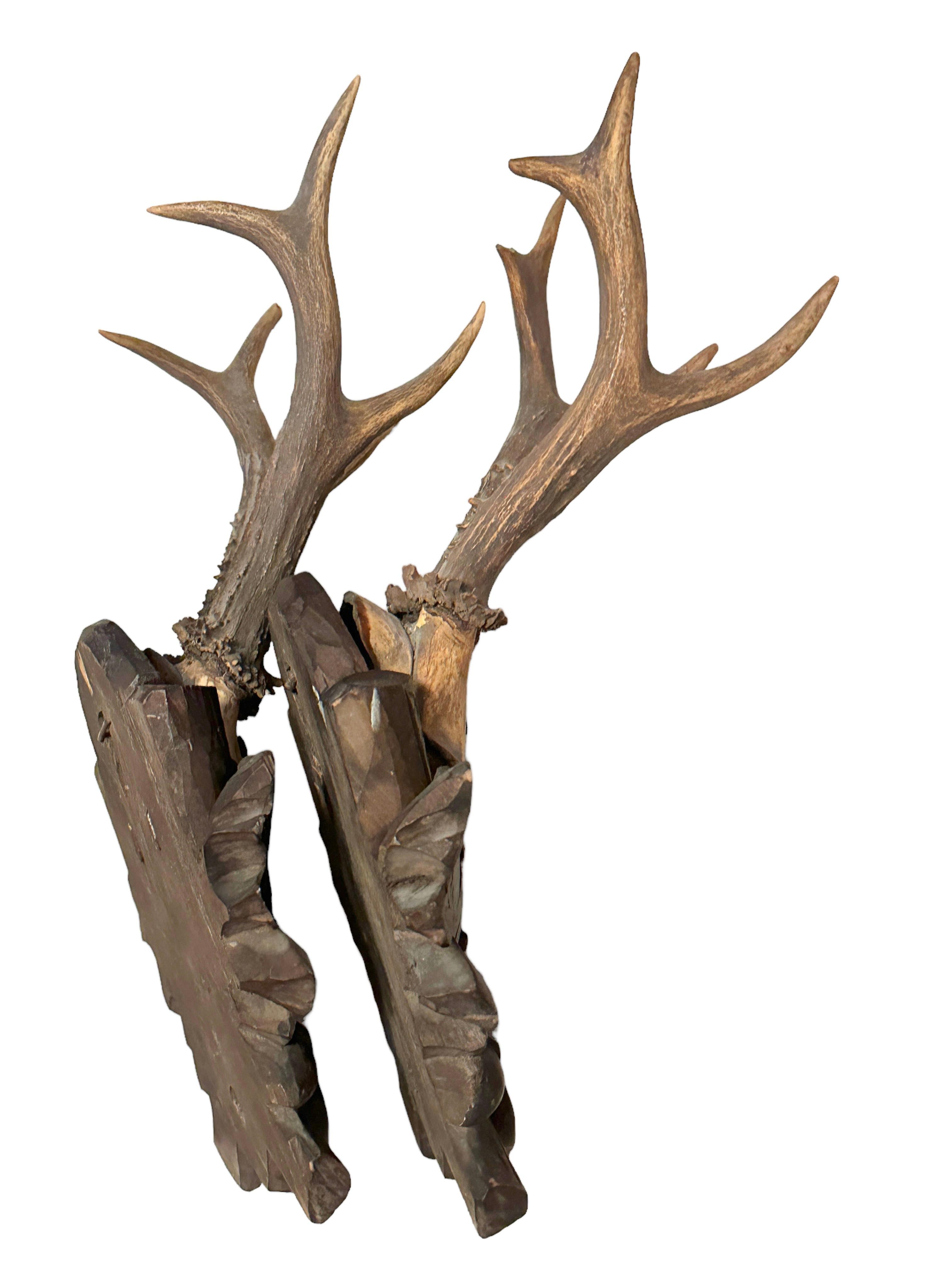 Hand-Carved Two Deer Antler Mount Trophy on Black Forest Carved Wood Plaque German Folk Art  For Sale