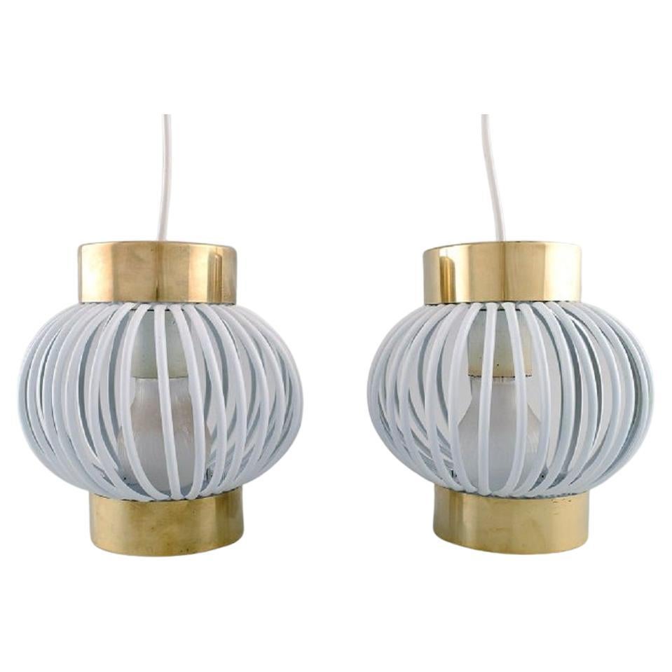 Two Designer Pendants in Brass and White Plastic, 1960s / 70s