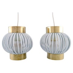 Vintage Two Designer Pendants in Brass and White Plastic, 1960s / 70s