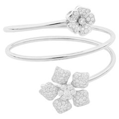 Two Diamond Flower Spiral Modern Fashion Diamond Pavè Bracelet in White Gold