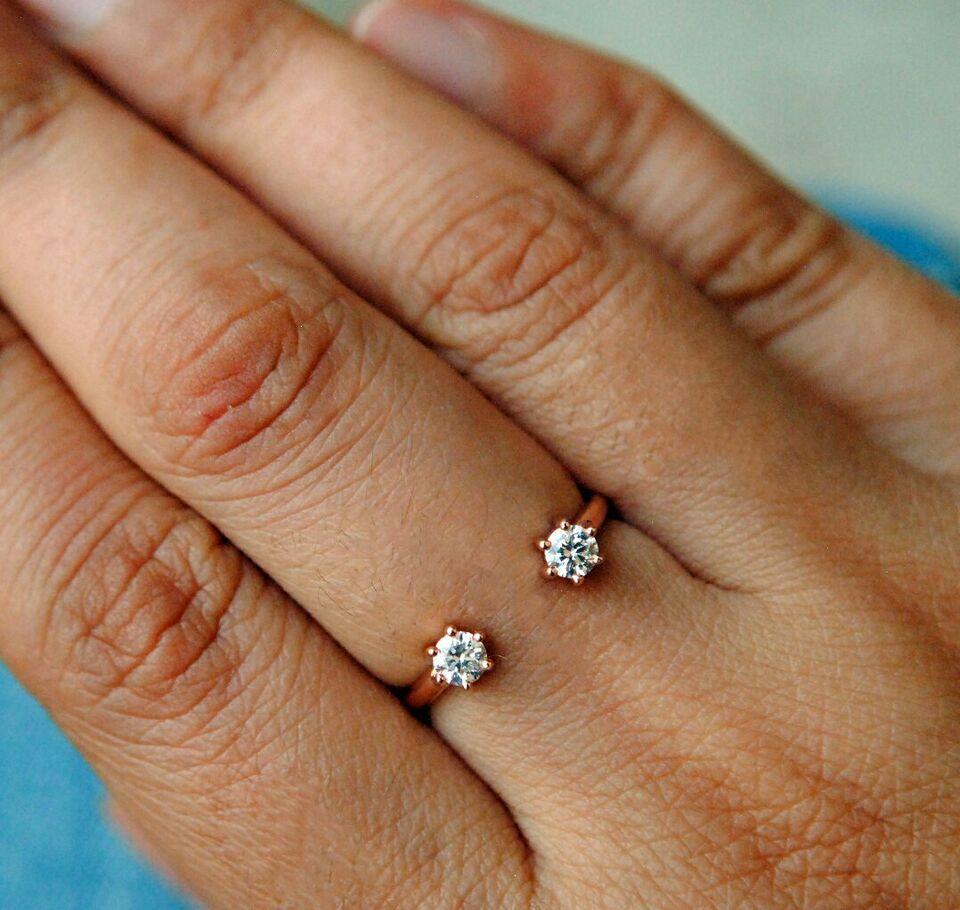Zwei Diamant Offener Ring 14k Massivgold Ehering Verlobungsring Offener Stil Ring. im Angebot 4