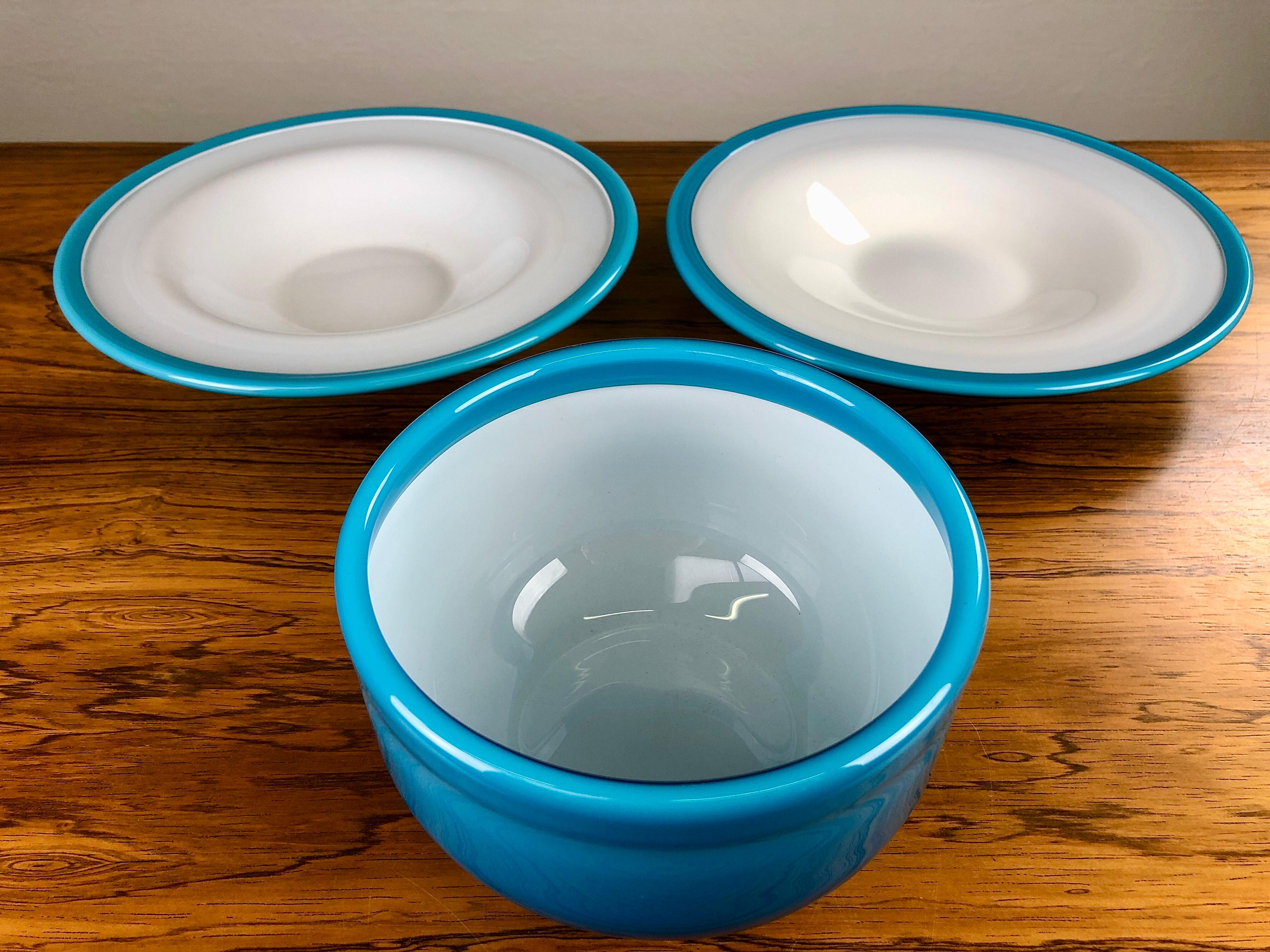 Danish Two Dishes and a Bowl in Hand Blown Blue Glass by Michael Bang for Holmegaard For Sale