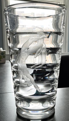 "Two Divers, " Large, Ambitious Art Deco Glass Vase w/ Male Nudes by Lindstrand