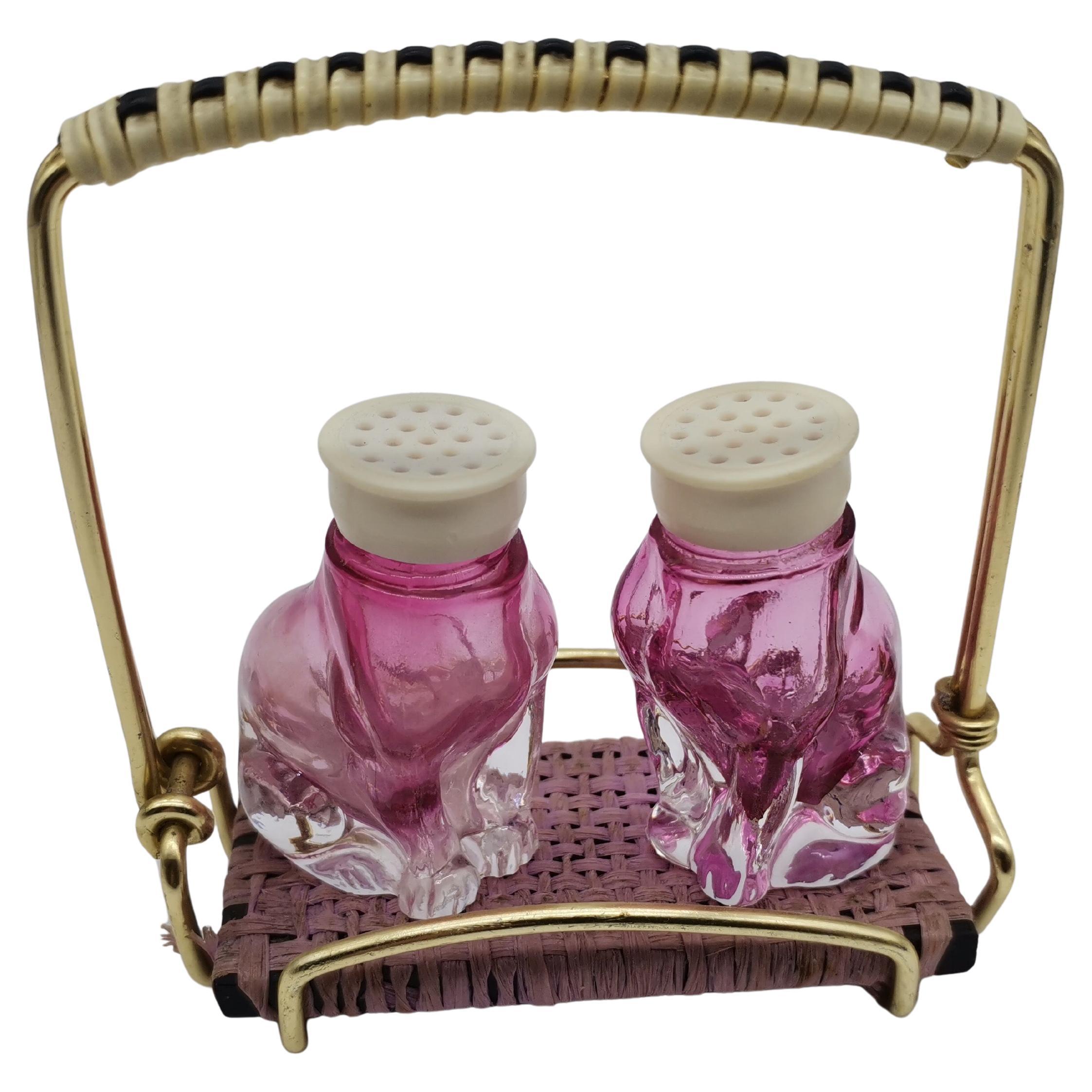 Two Dogs Salt and Pepper Shaker, Coloured Glass, Antique en venta