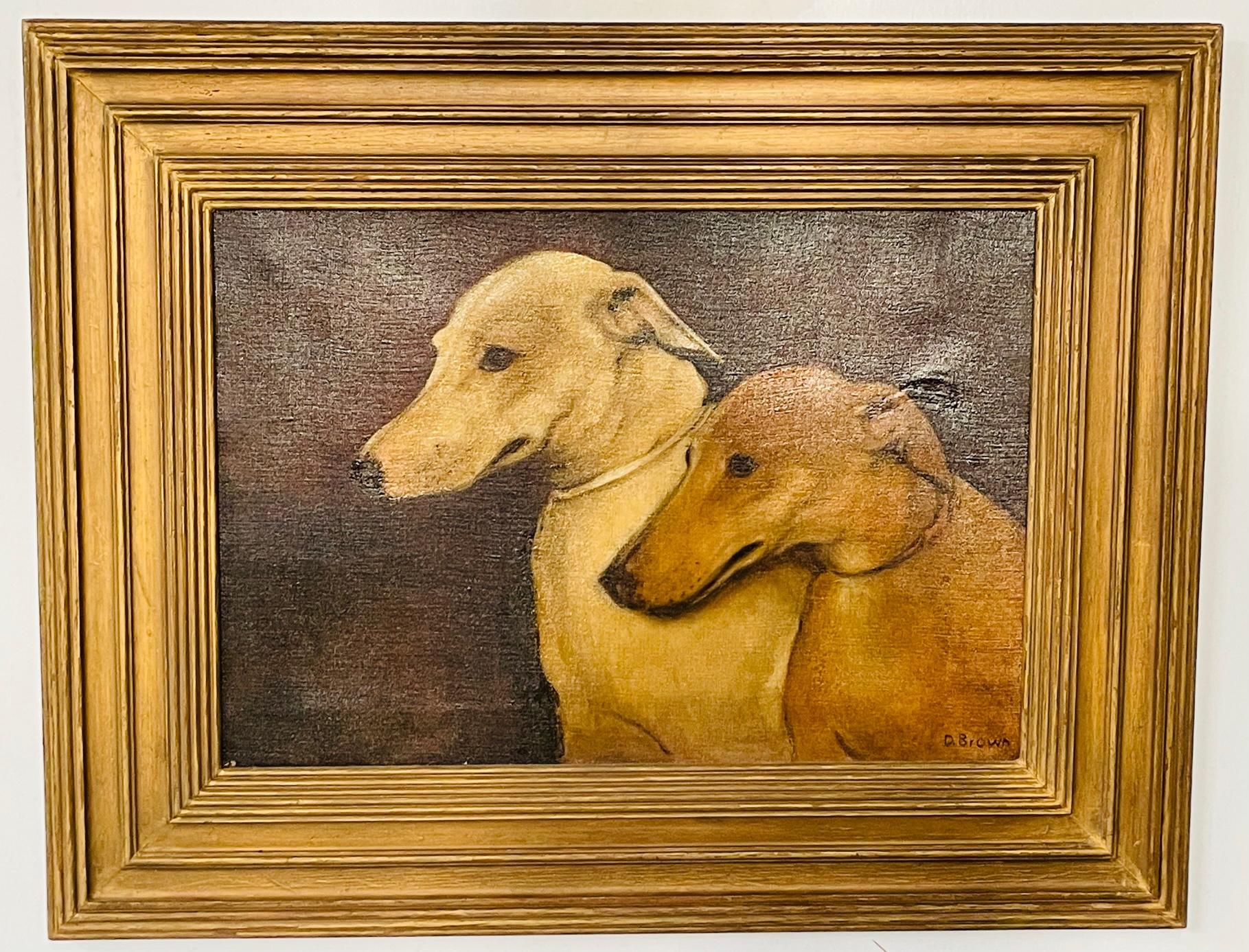 An 1970's oil on canvas featuring a portrait of two dog's side portrait , possibly Greyhounds, in neutral brown and beige colors. The painting is signed by artist D.Brown in the bottom and is finely presented in a custom wooden gilded frame.