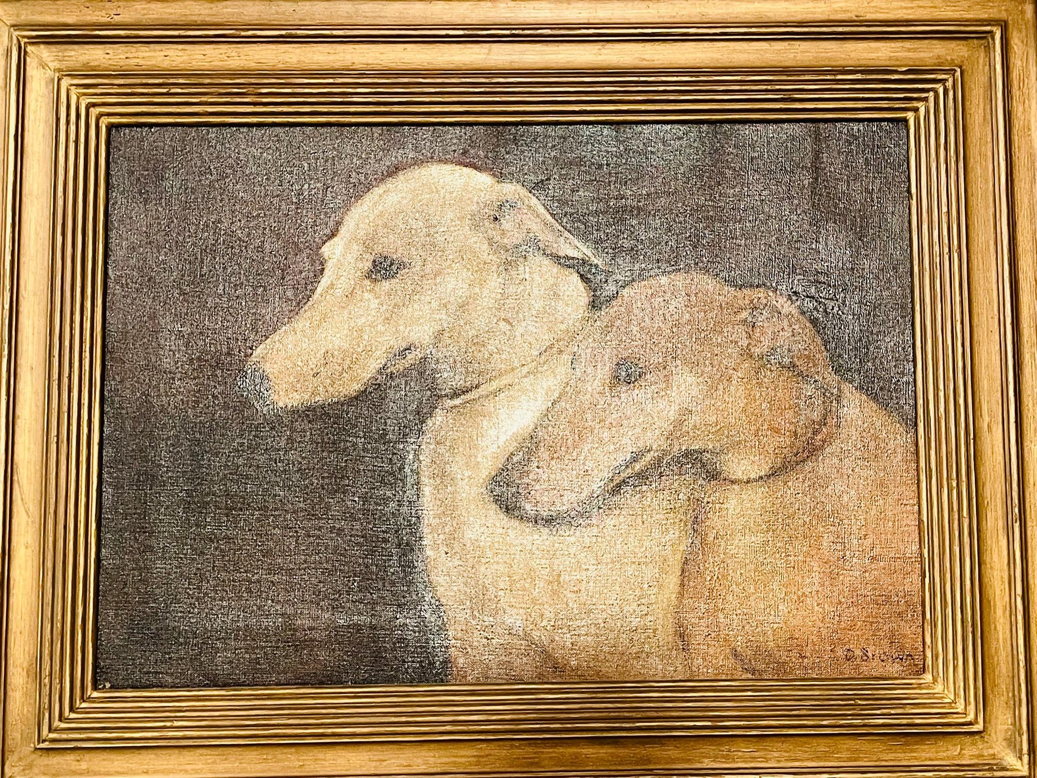 Modern Two Dogs Side Portrait Oil on Canvas Painting, Framed and Signed