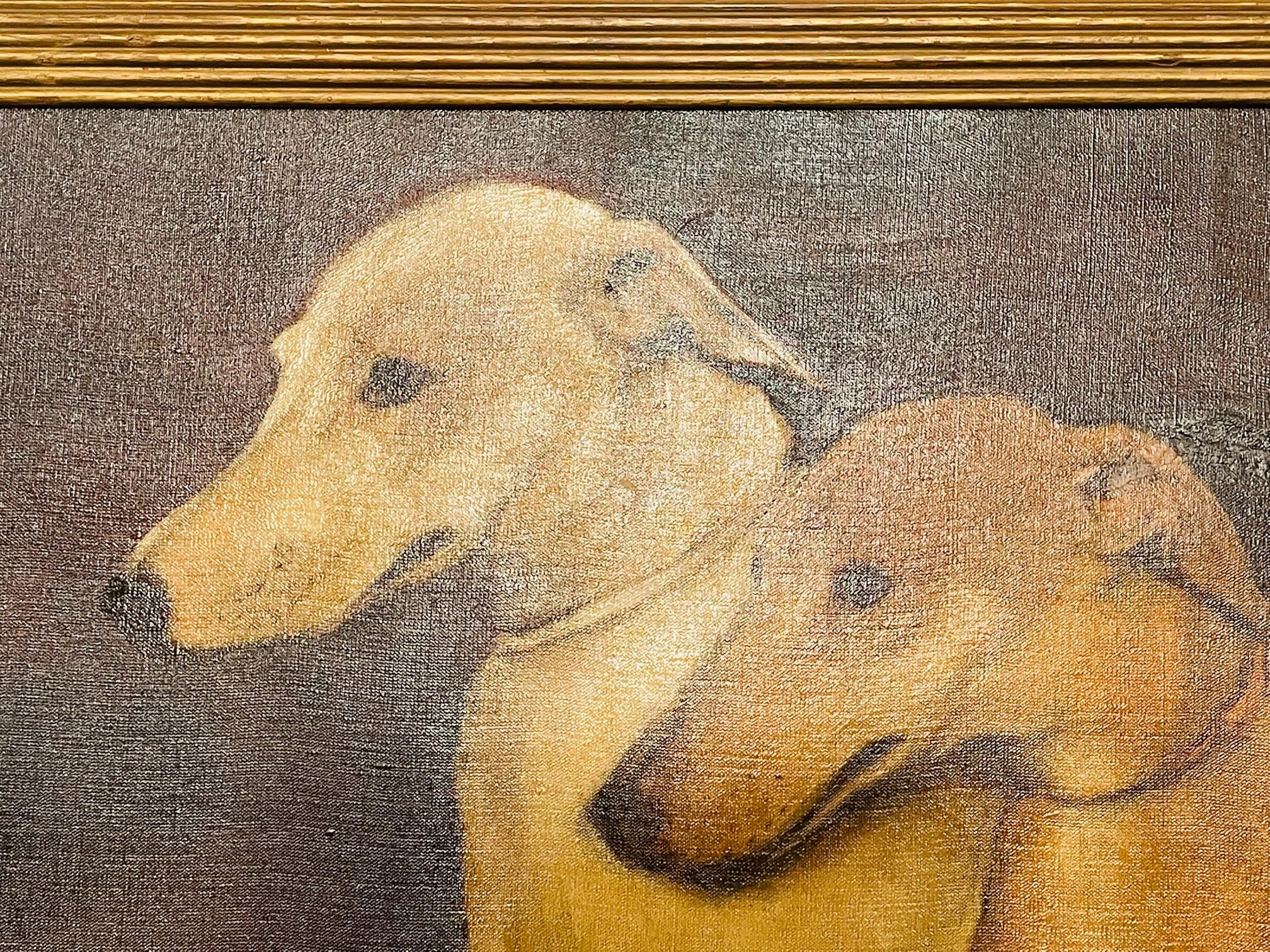 Two Dogs Side Portrait Oil on Canvas Painting, Framed and Signed In Good Condition In Plainview, NY
