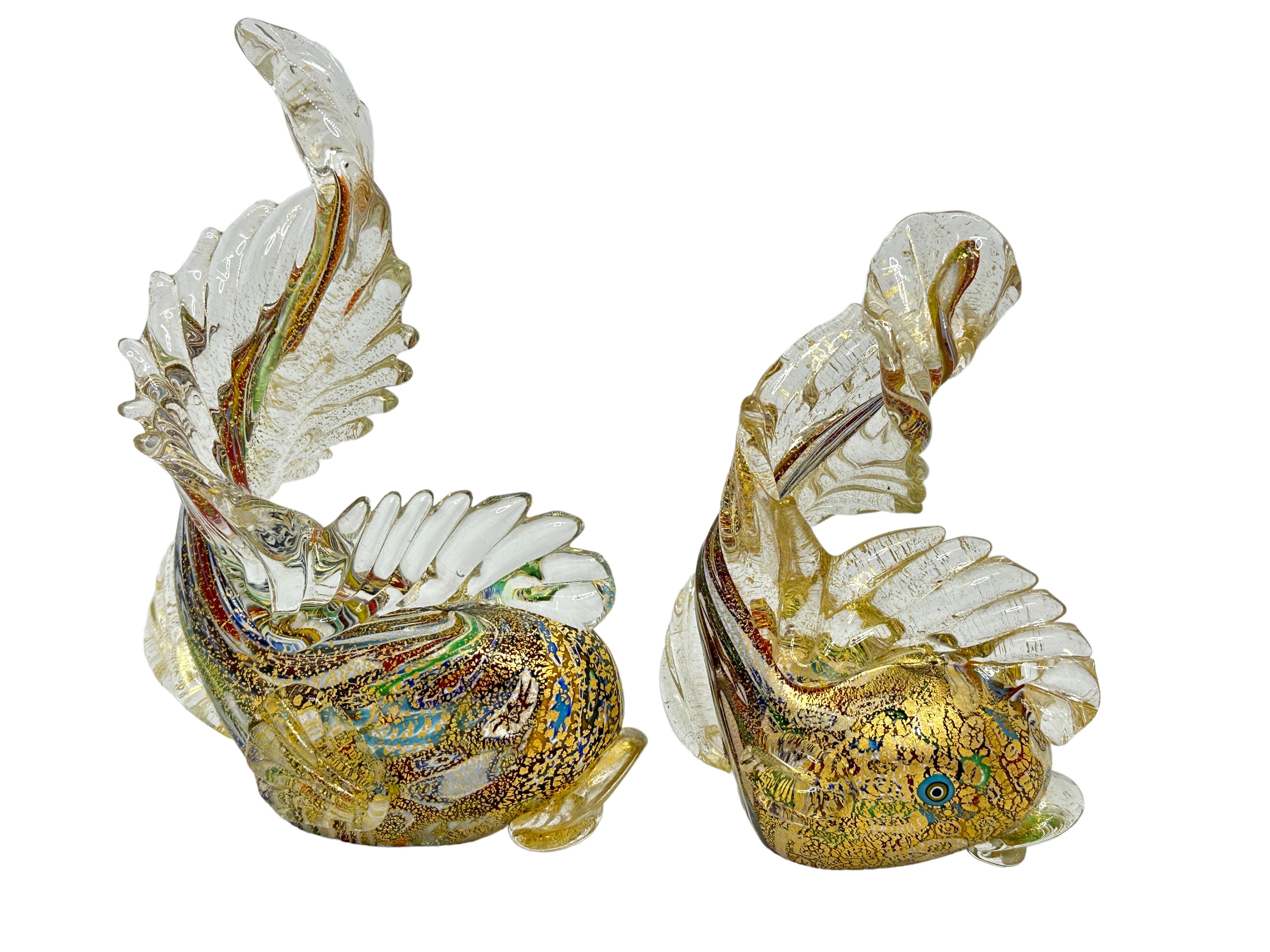Hand-Crafted Two Dolphin Fish Fratelli Toso Italian Venetian Murano Millefiori, Italy, 1950s For Sale