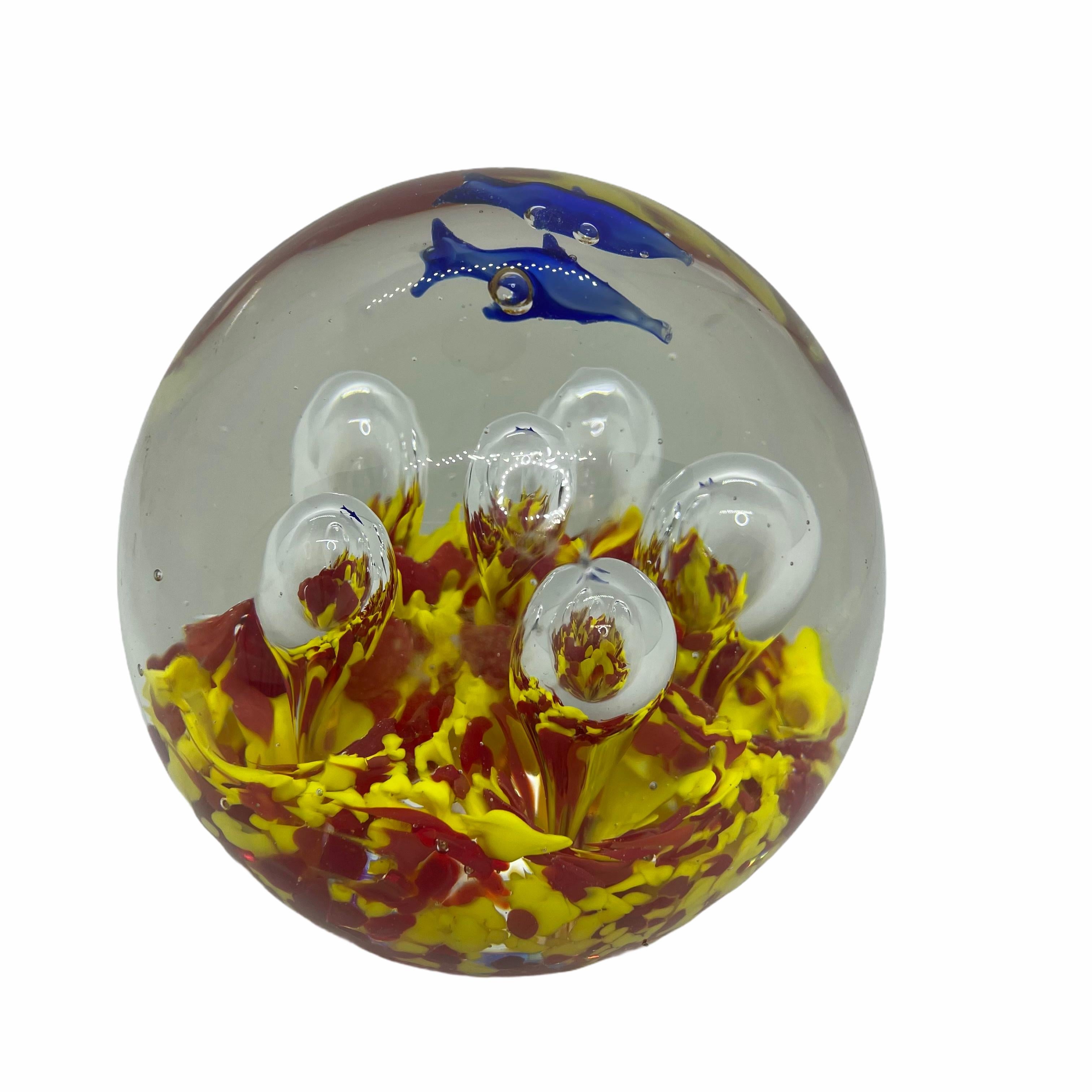 Hand-Crafted Two Dolphins in Sea Murano Italian Art Glass Aquarium Paperweight For Sale