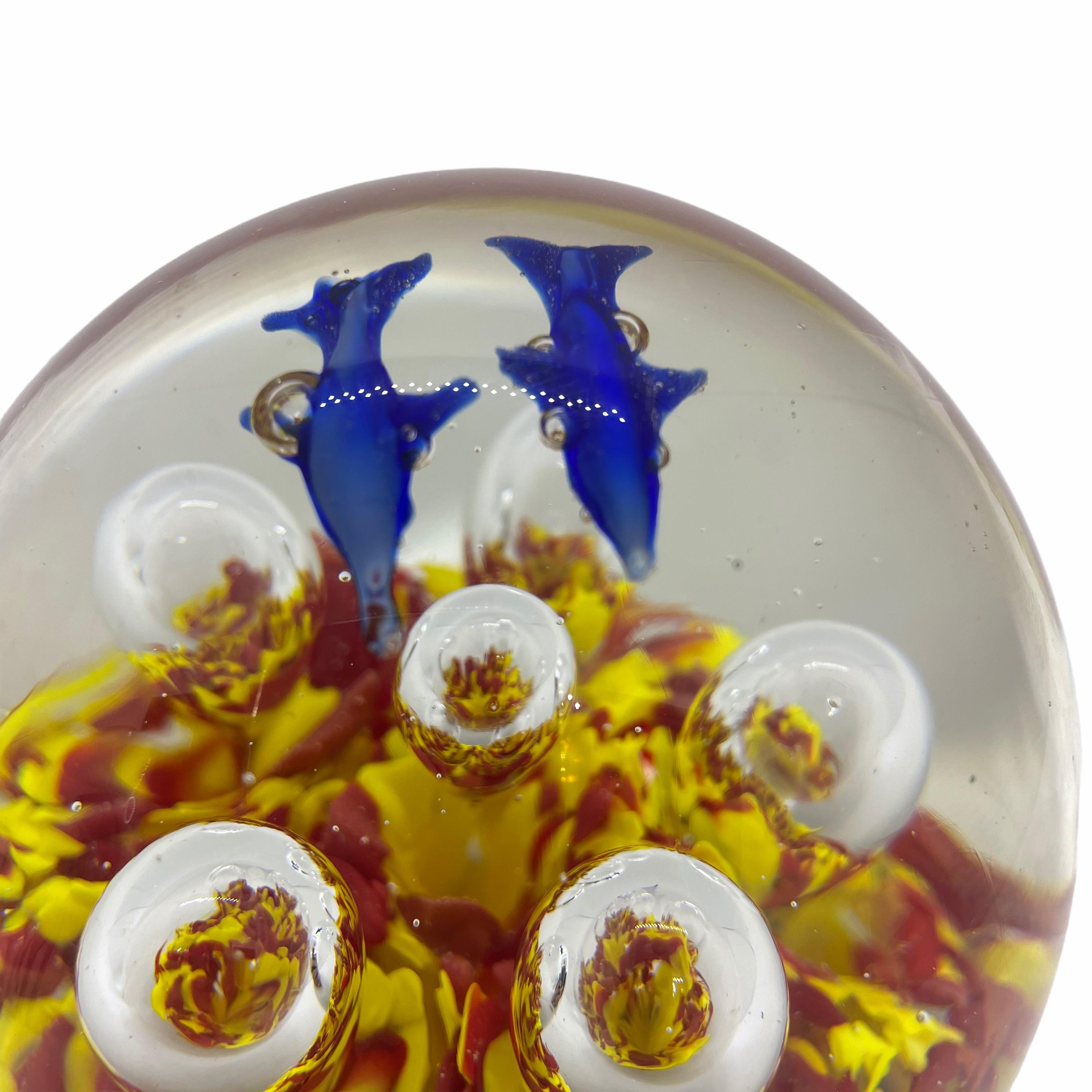 Late 20th Century Two Dolphins in Sea Murano Italian Art Glass Aquarium Paperweight For Sale