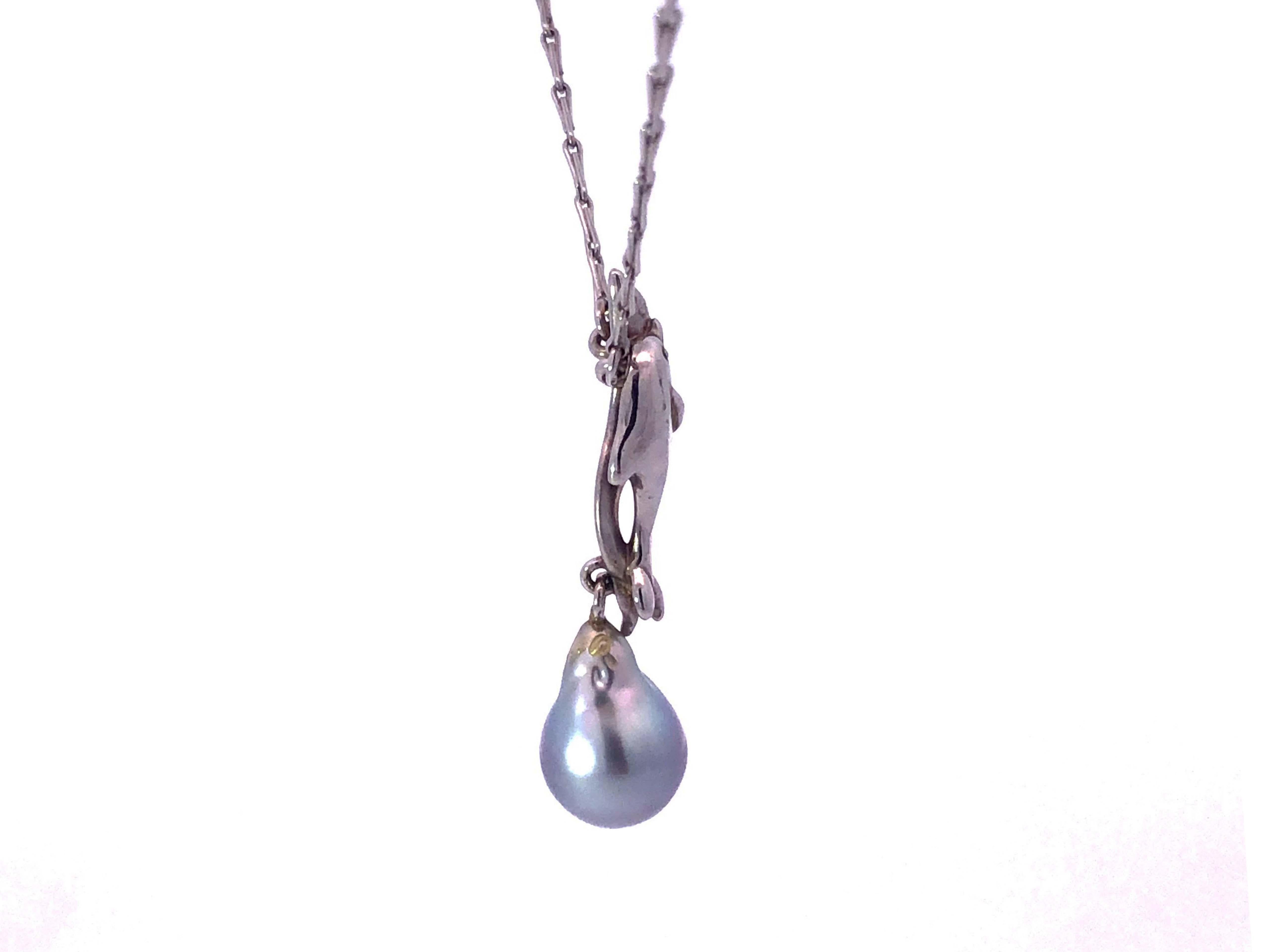 Modern Two Dolphins & Silver Pearl Motif Necklace in 14k White Gold For Sale