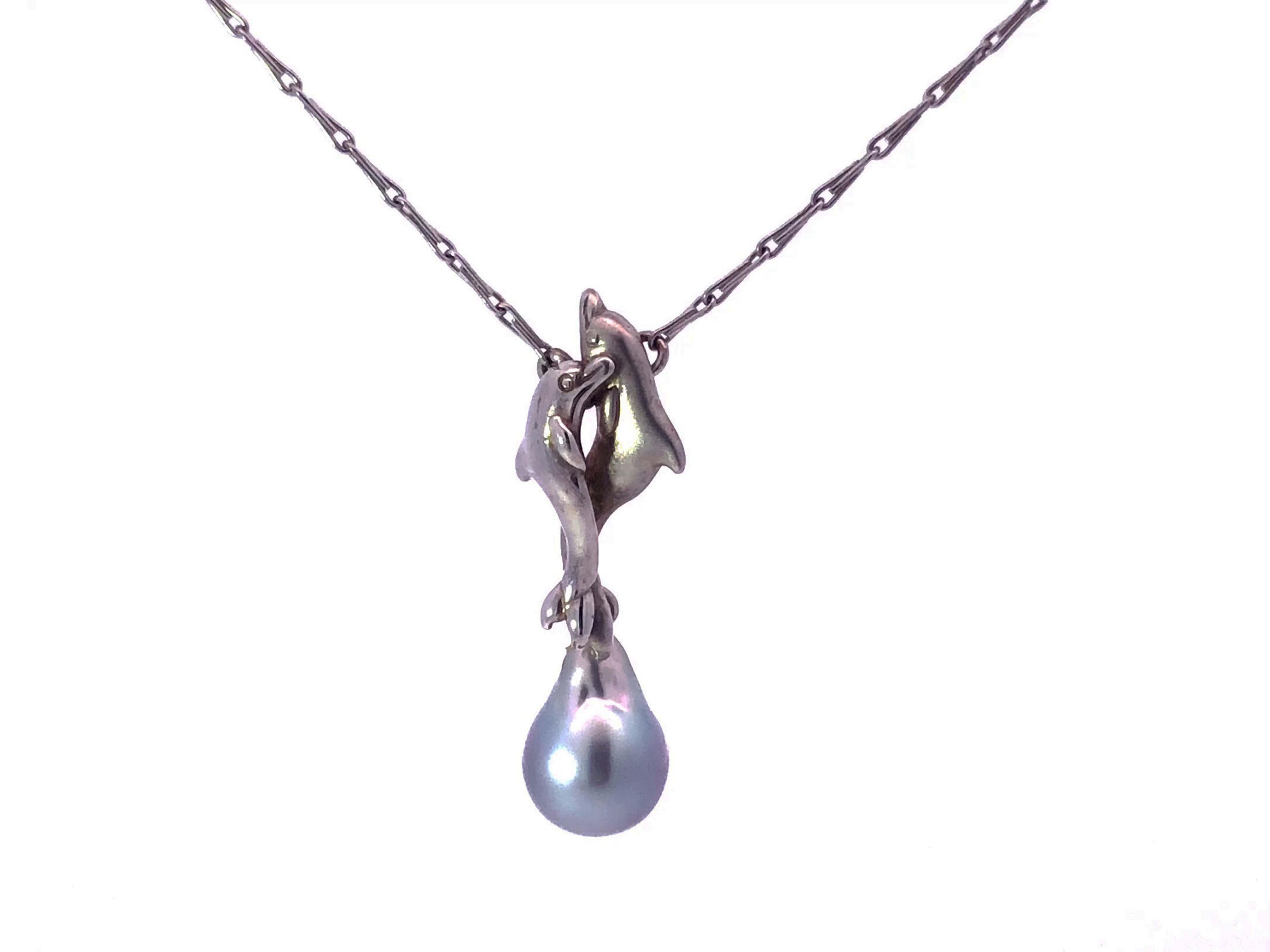 Round Cut Two Dolphins & Silver Pearl Motif Necklace in 14k White Gold For Sale