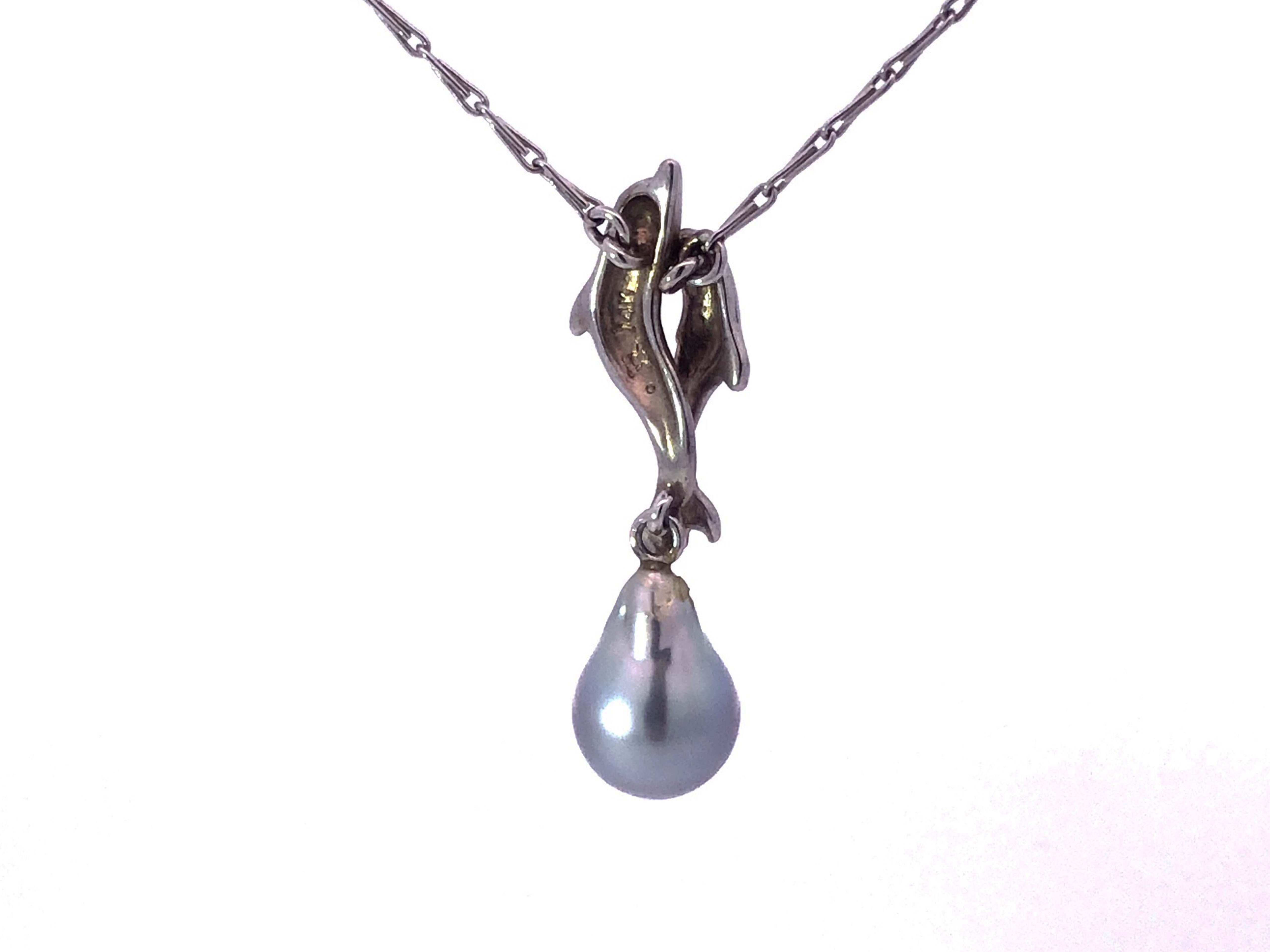 Two Dolphins & Silver Pearl Motif Necklace in 14k White Gold For Sale 1
