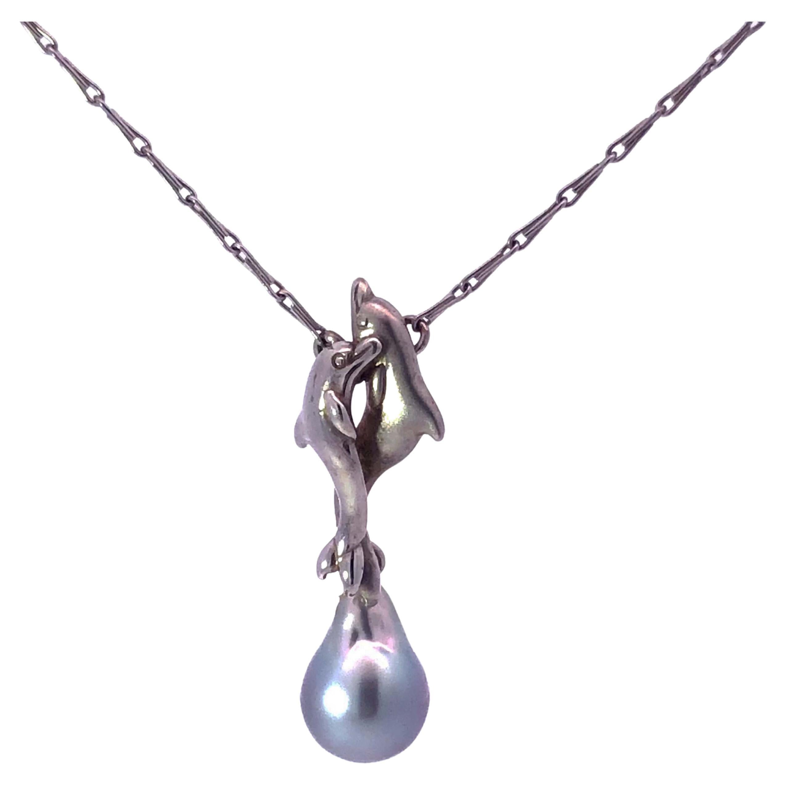 Two Dolphins & Silver Pearl Motif Necklace in 14k White Gold For Sale