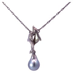 Two Dolphins & Silver Pearl Motif Necklace in 14k White Gold
