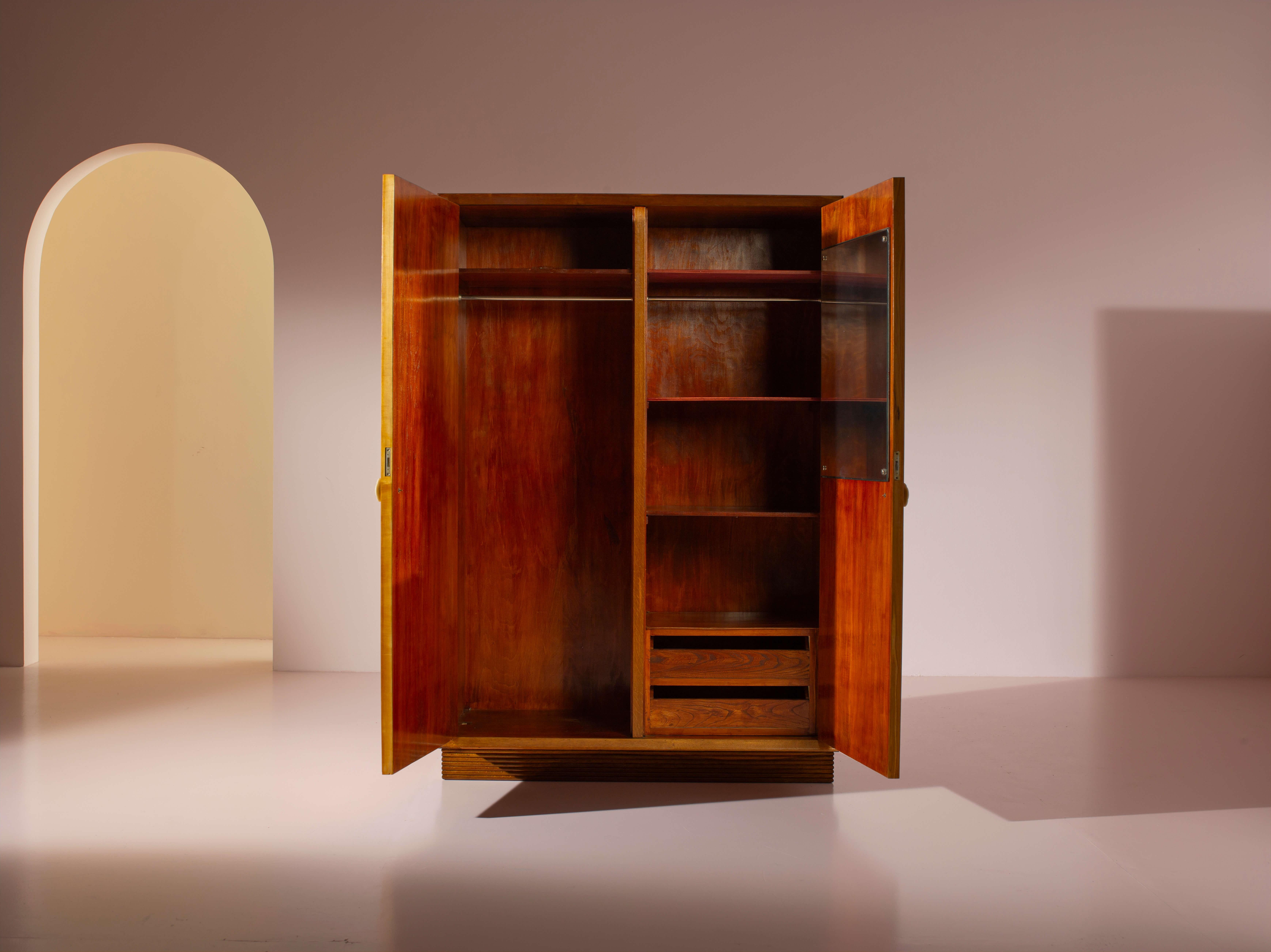 Italian Two-door Art Deco wardrobe, oak structure with inlaid maple panels, Italy, 1930s
