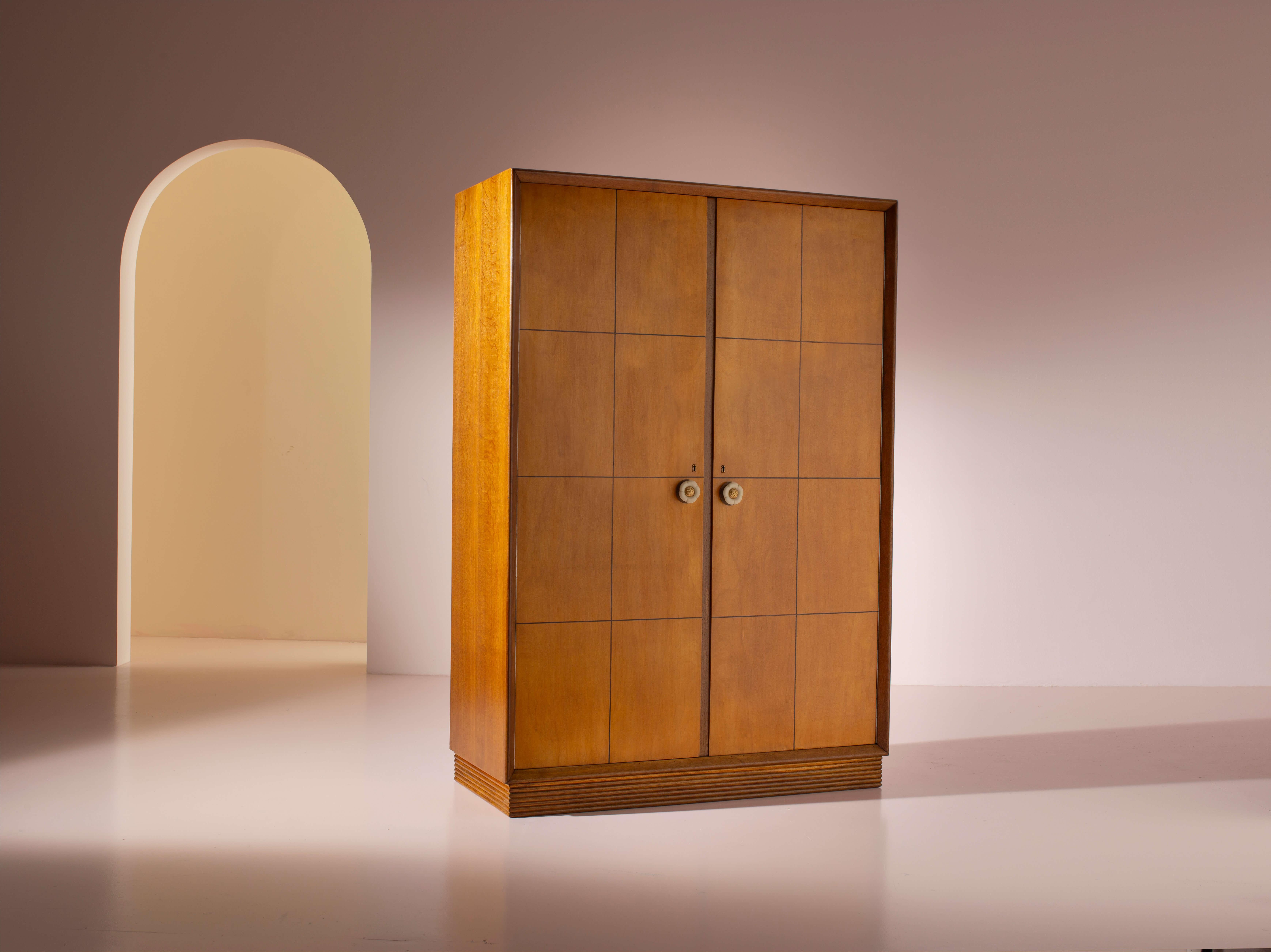 Maple Two-door Art Deco wardrobe, oak structure with inlaid maple panels, Italy, 1930s