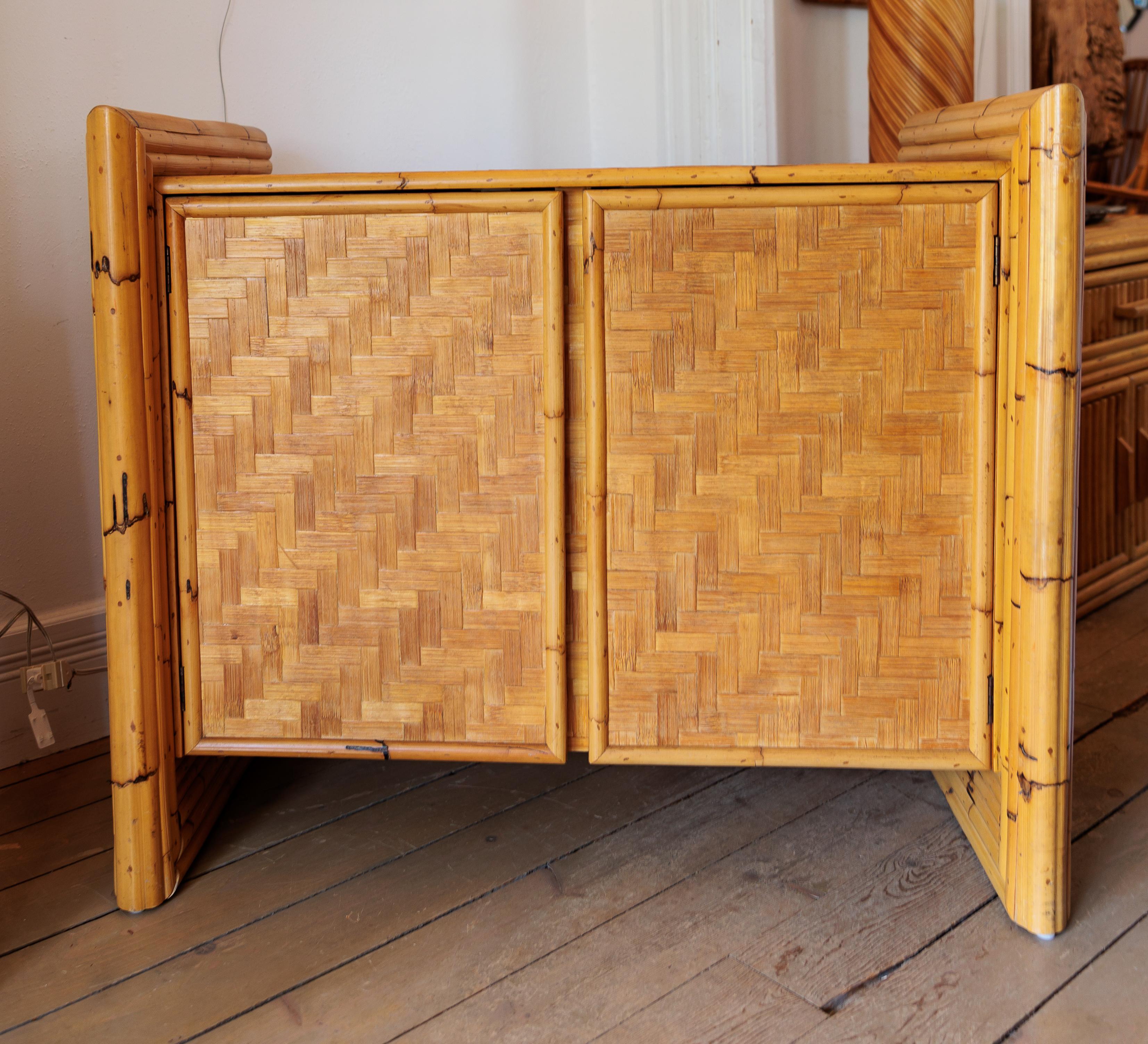 Mid-Century Modern Two Door Bamboo and Rattan Chest with Interior Shelving