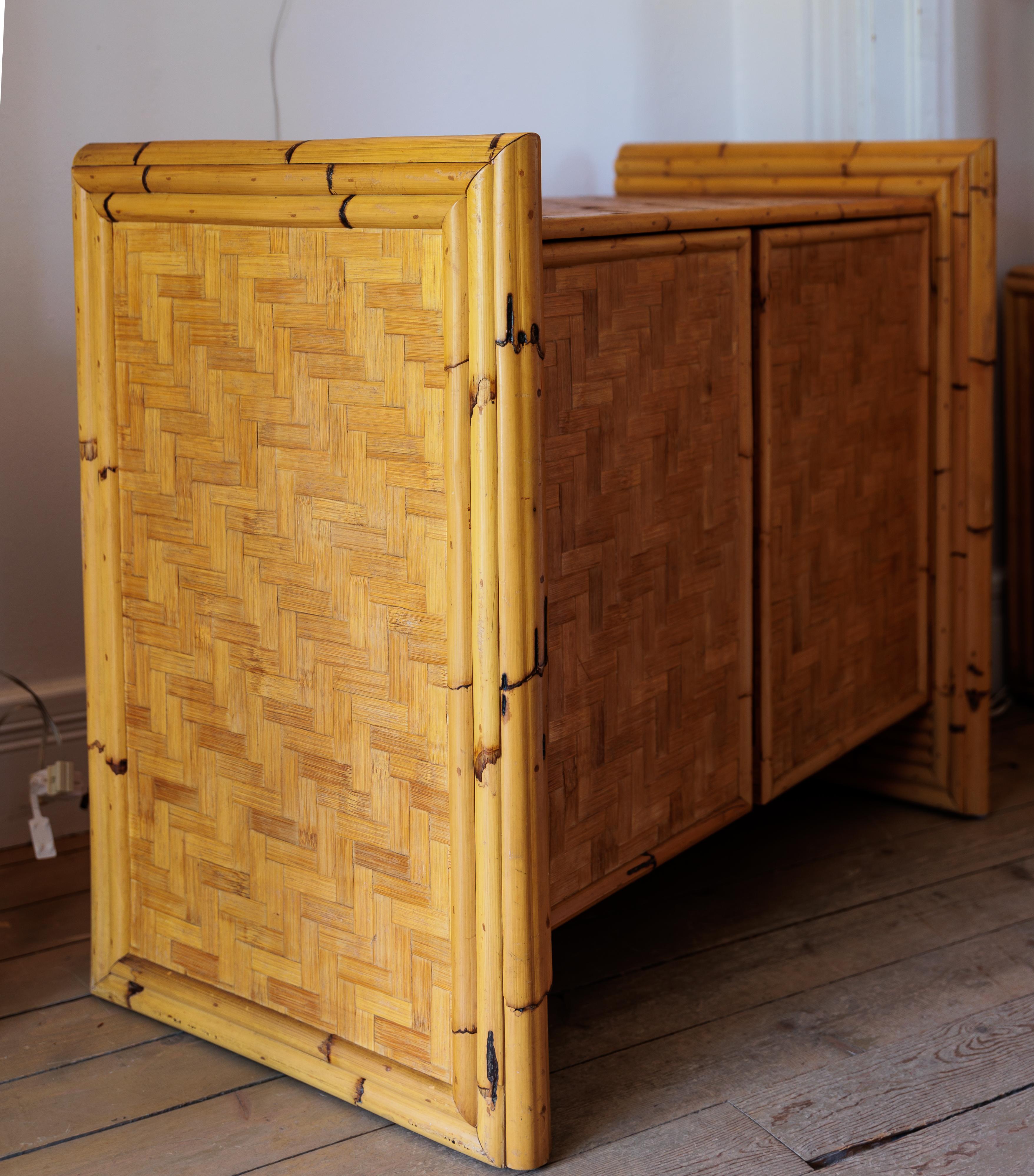 20th Century Two Door Bamboo and Rattan Chest with Interior Shelving