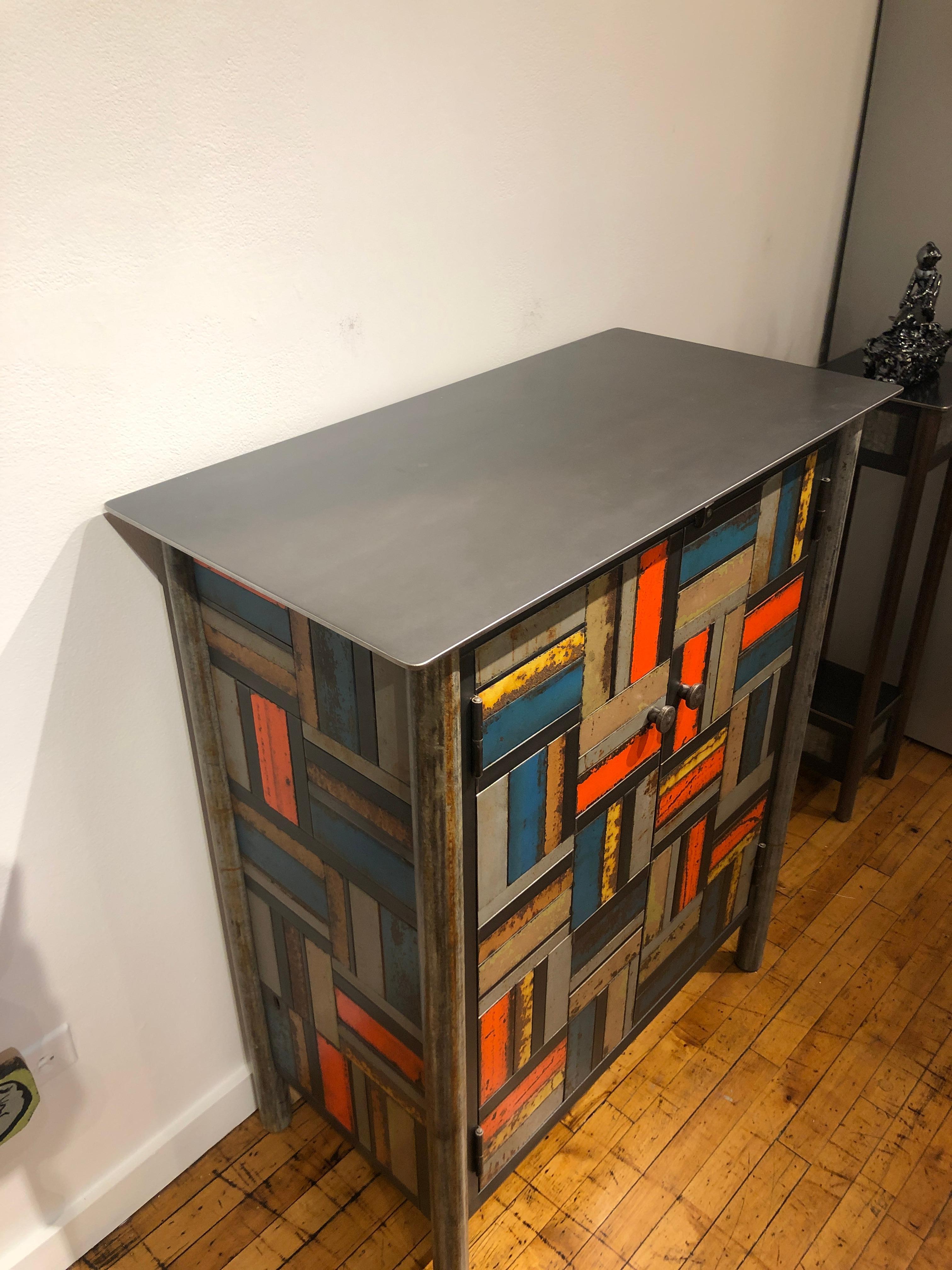Jim Rose Two-Door Basket Weave Multicolor Steel Quilt Pattern Cupboard In New Condition In Chicago, IL