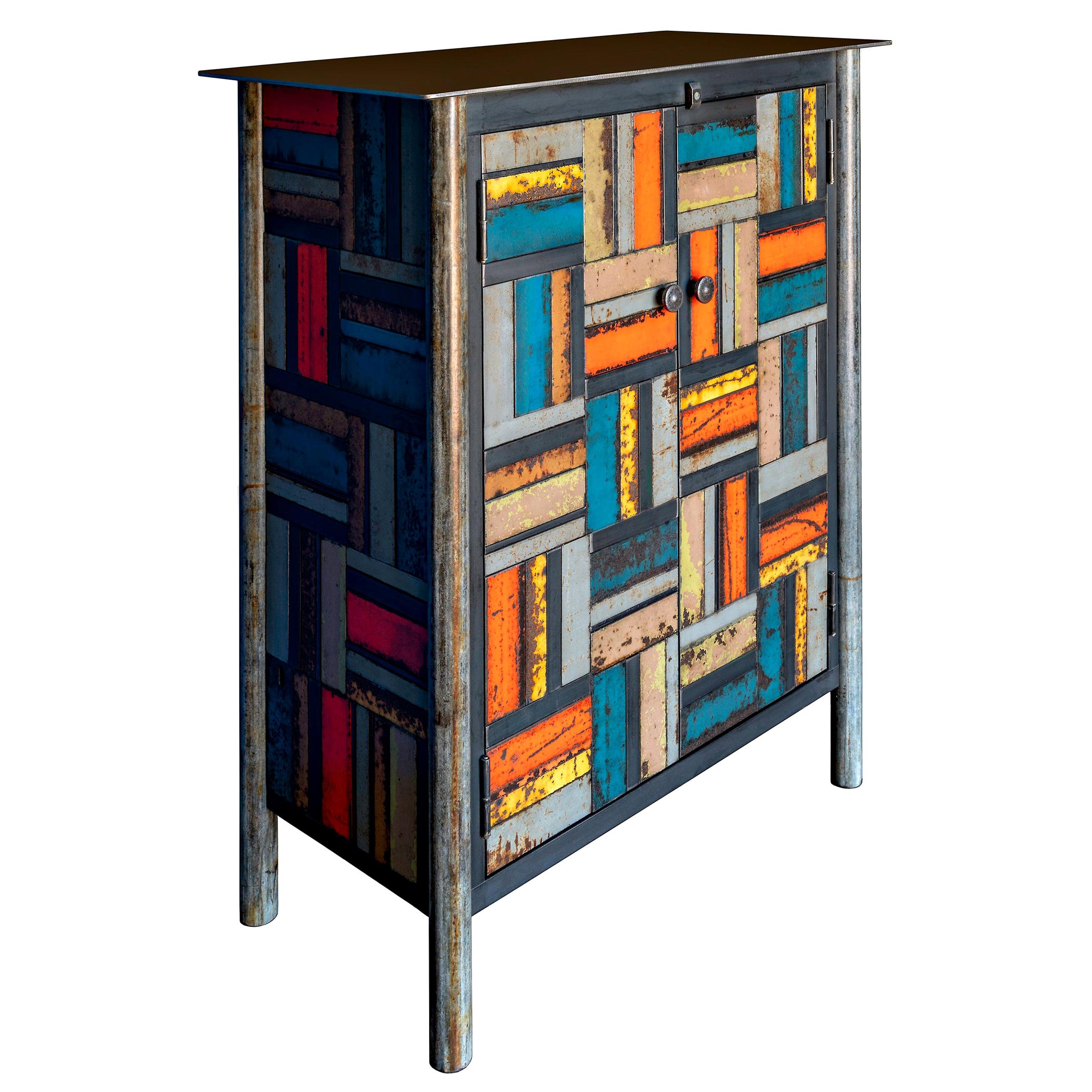 Jim Rose Two-Door Basket Weave Multicolor Steel Quilt Pattern Cupboard