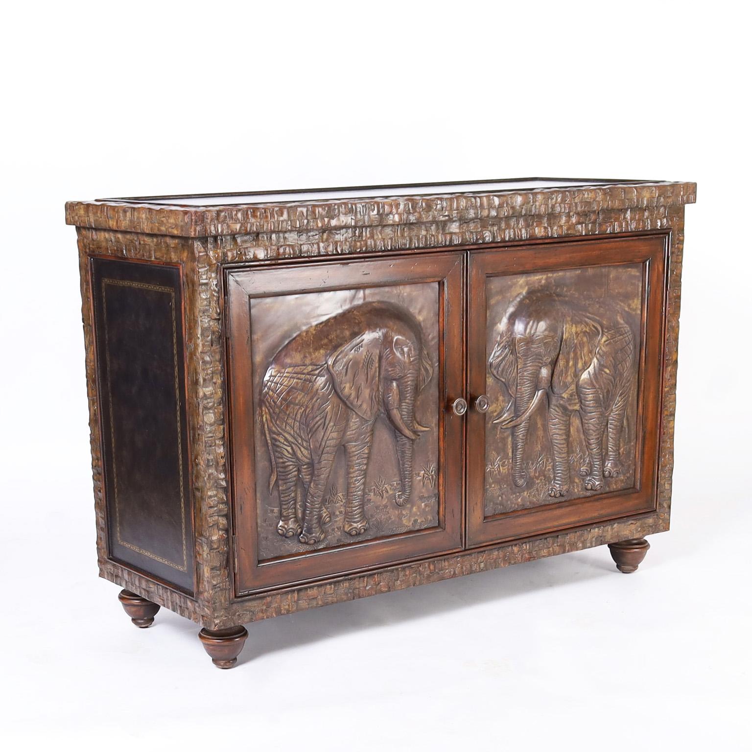 British Colonial Two Door Cabinet or Server with Elephants and Coconut Veneer