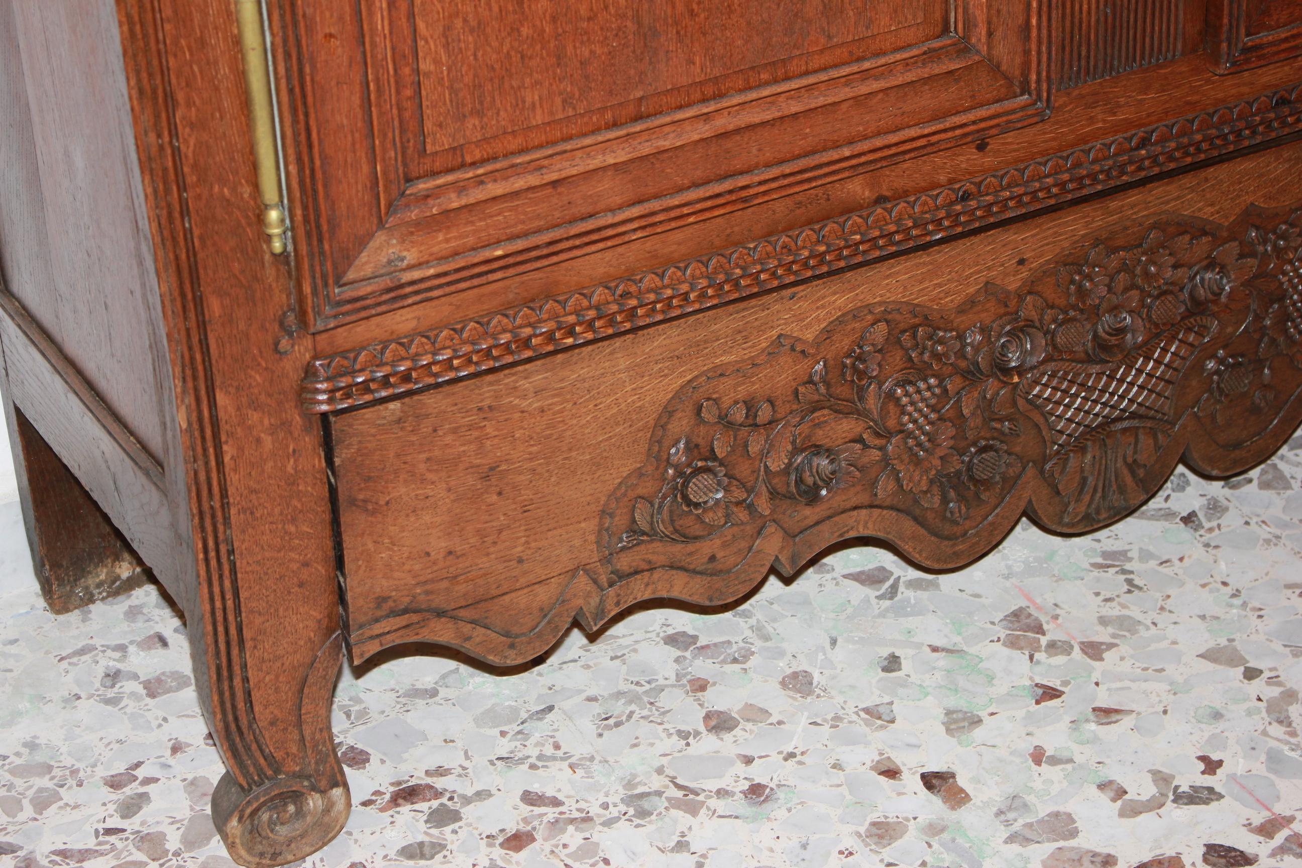 Oak Two-Door Carved Normandy Wardrobe, France 18th Century For Sale