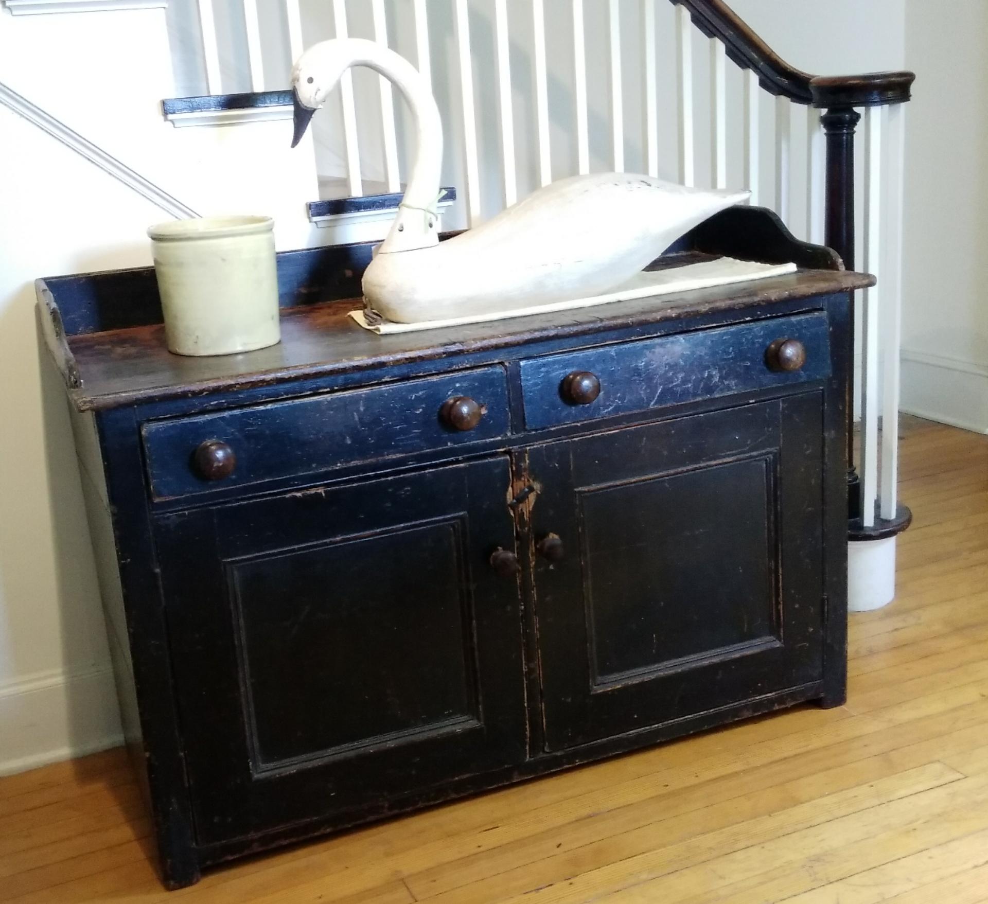 Wood Two-Door, Drawer Original Painted English Buffet with Railing