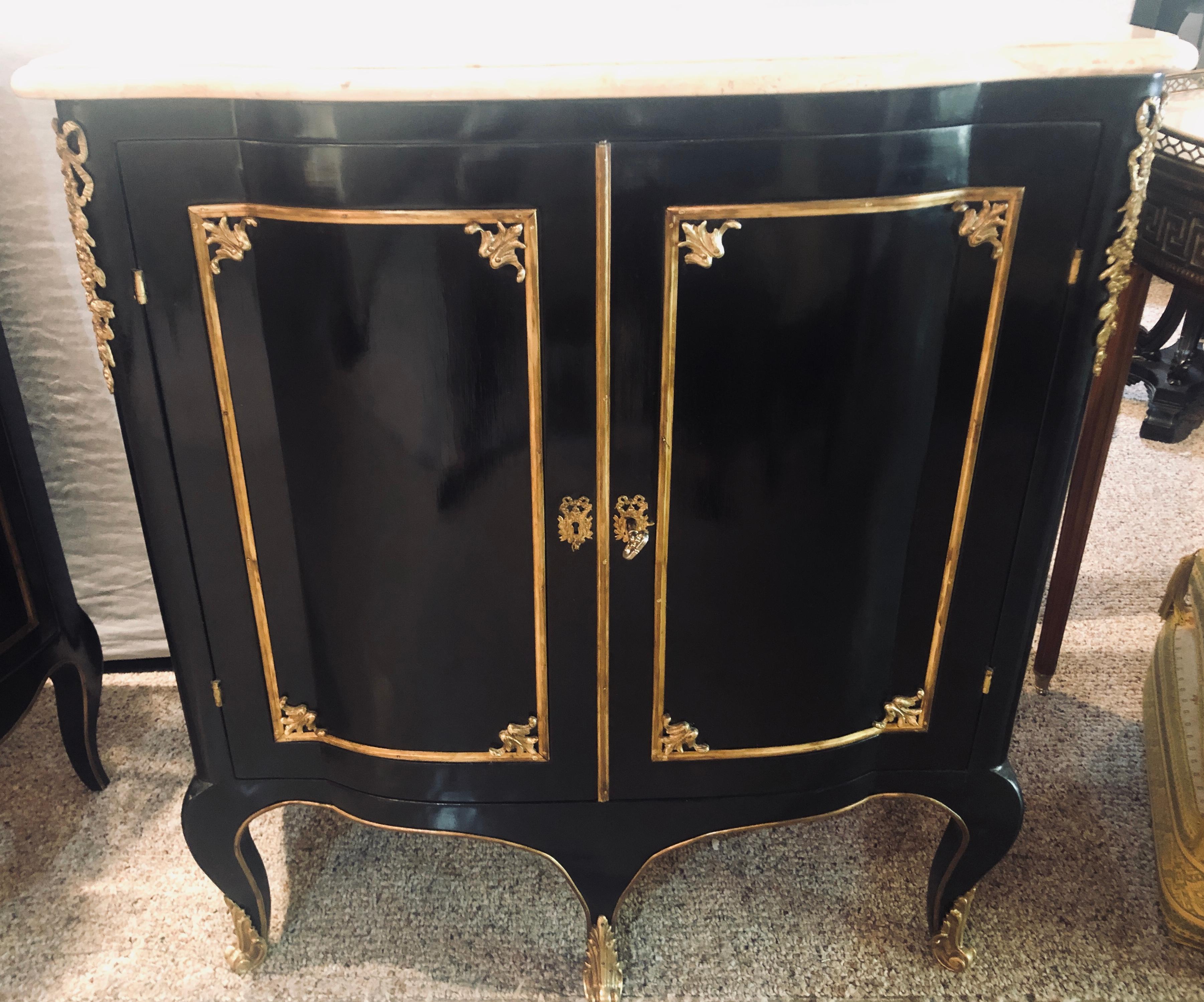 Maison Jansen Style, Hollywood Regency, Commodes, Black Lacquer, Marble, 1950s For Sale 8