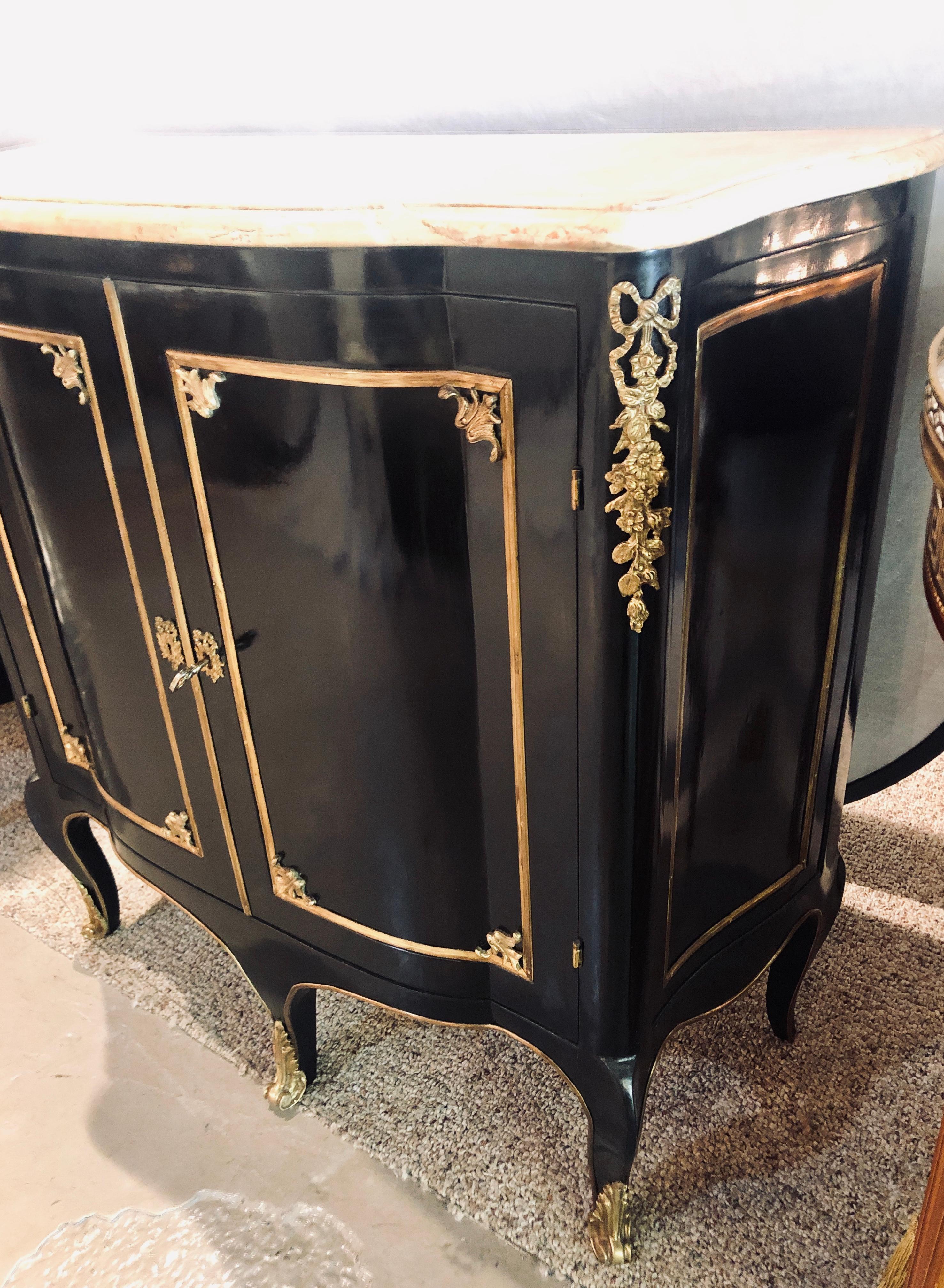 Maison Jansen Style, Hollywood Regency, Commodes, Black Lacquer, Marble, 1950s For Sale 9