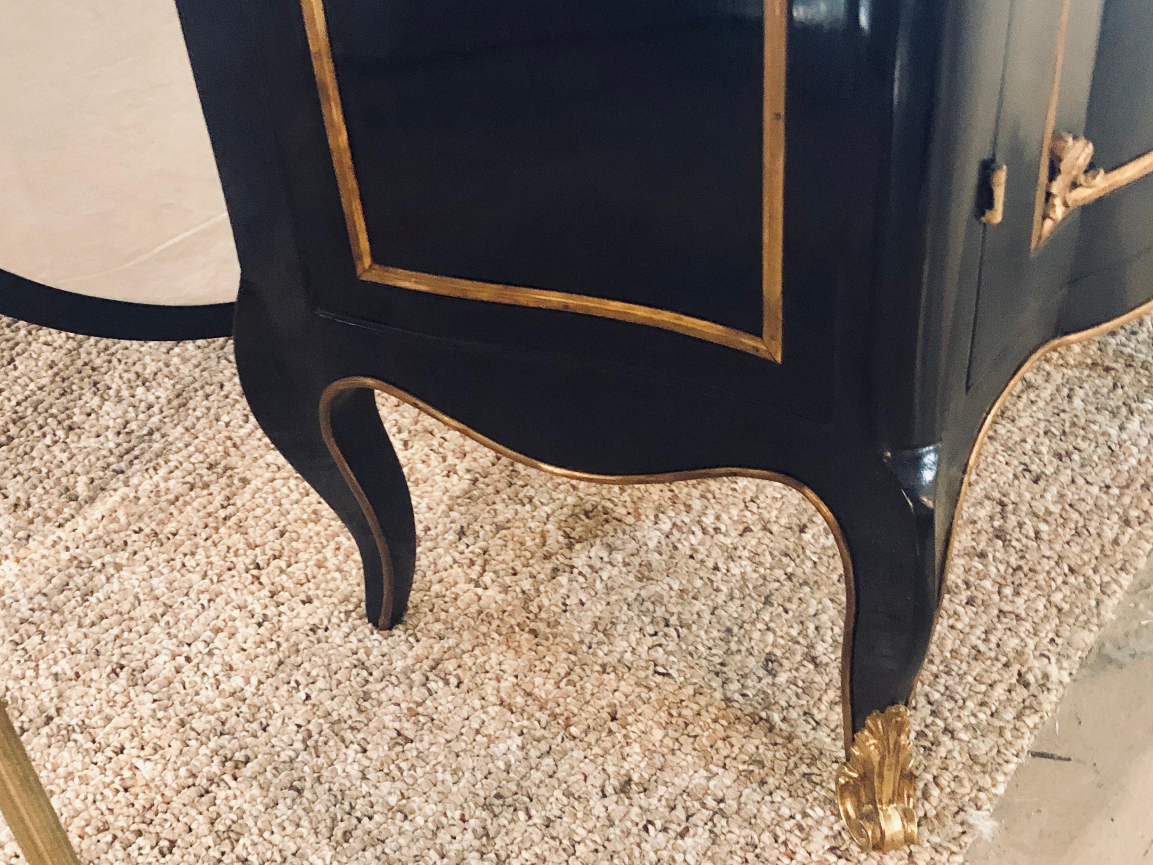 Maison Jansen Style, Hollywood Regency, Commodes, Black Lacquer, Marble, 1950s For Sale 12
