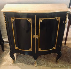 Maison Jansen Style, Hollywood Regency, Commodes, Black Lacquer, Marble, 1950s