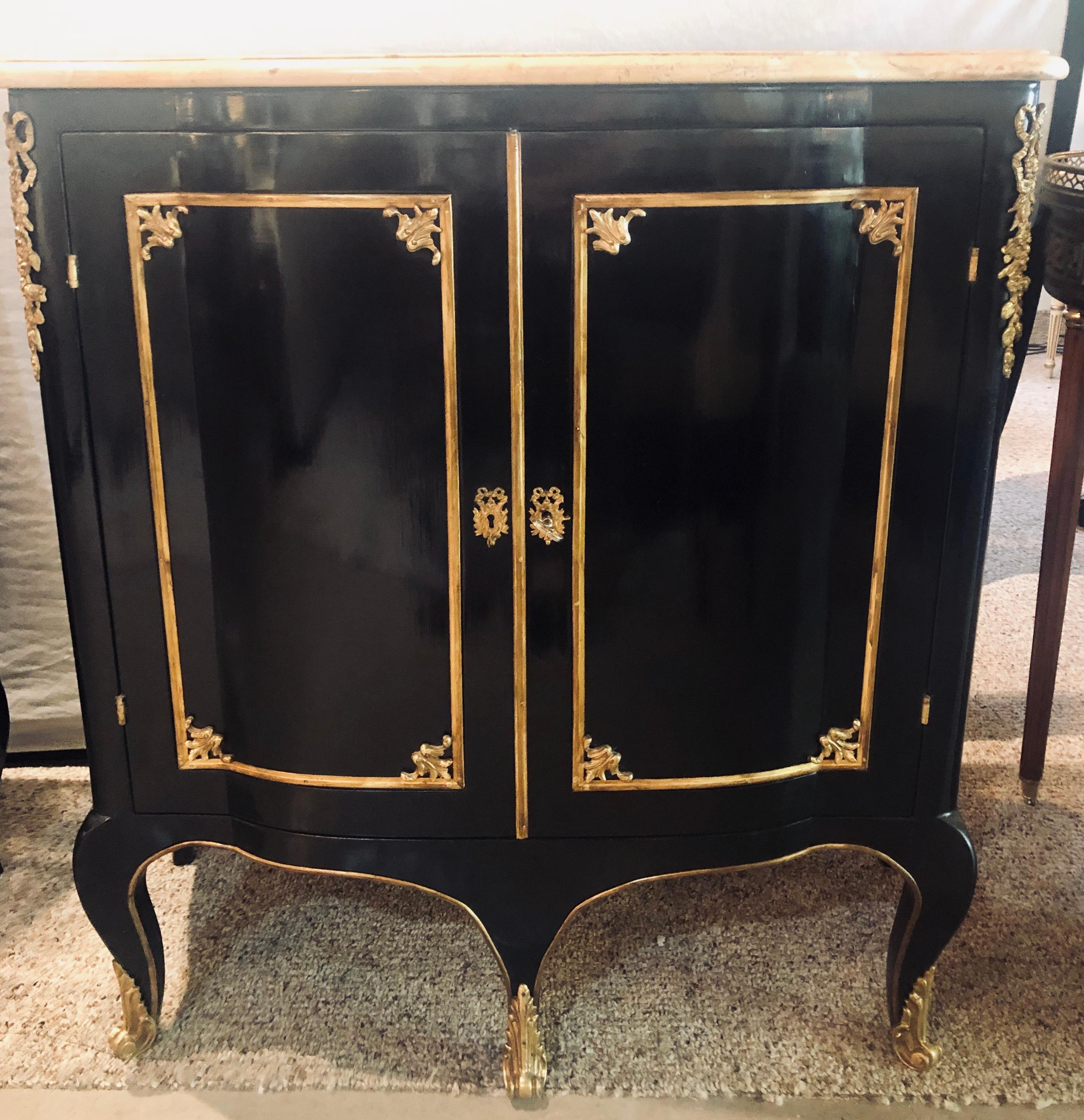 20th Century Maison Jansen Style, Hollywood Regency, Commodes, Black Lacquer, Marble, 1950s For Sale