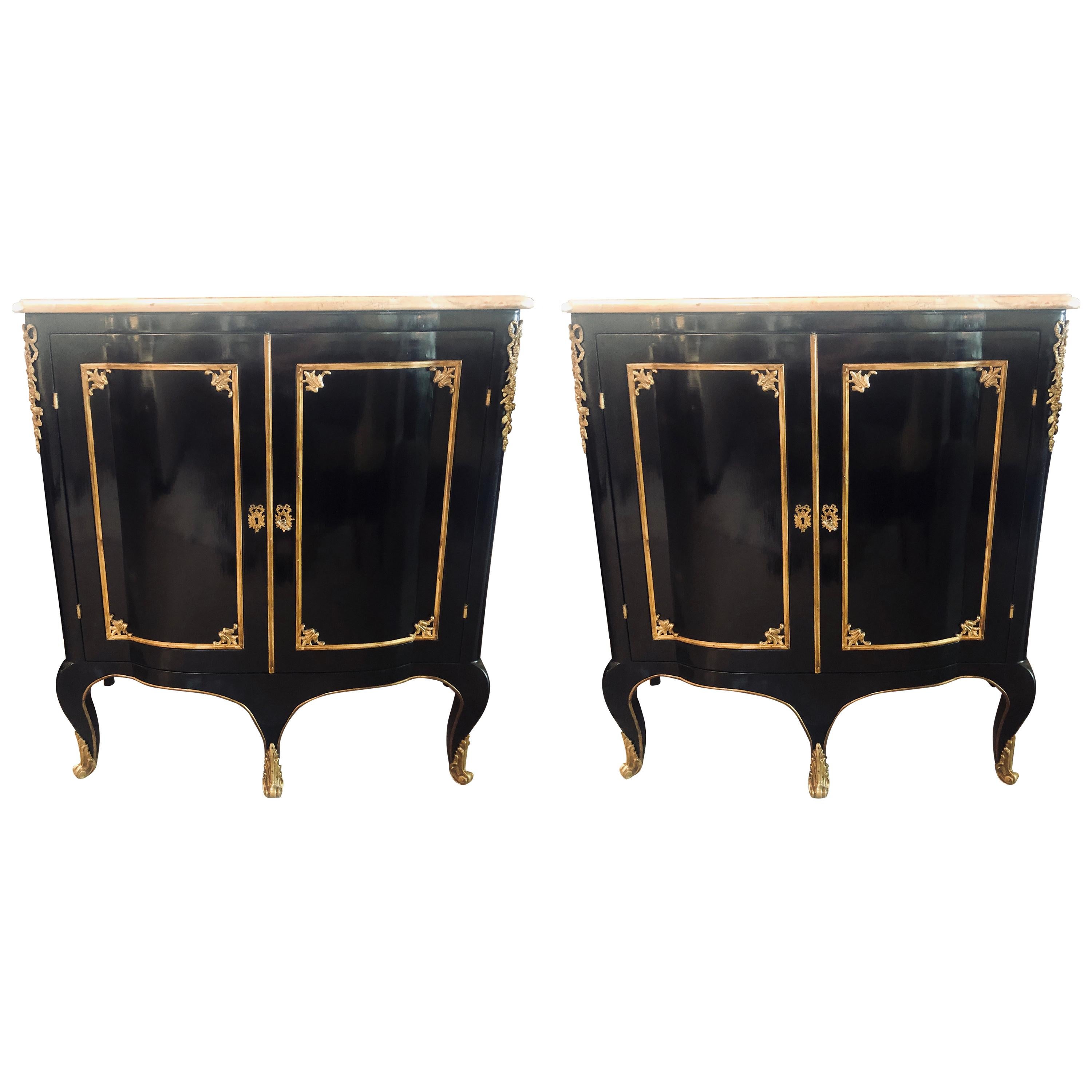 Maison Jansen Style, Hollywood Regency, Commodes, Black Lacquer, Marble, 1950s For Sale