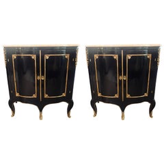 Vintage Maison Jansen Style, Hollywood Regency, Commodes, Black Lacquer, Marble, 1950s