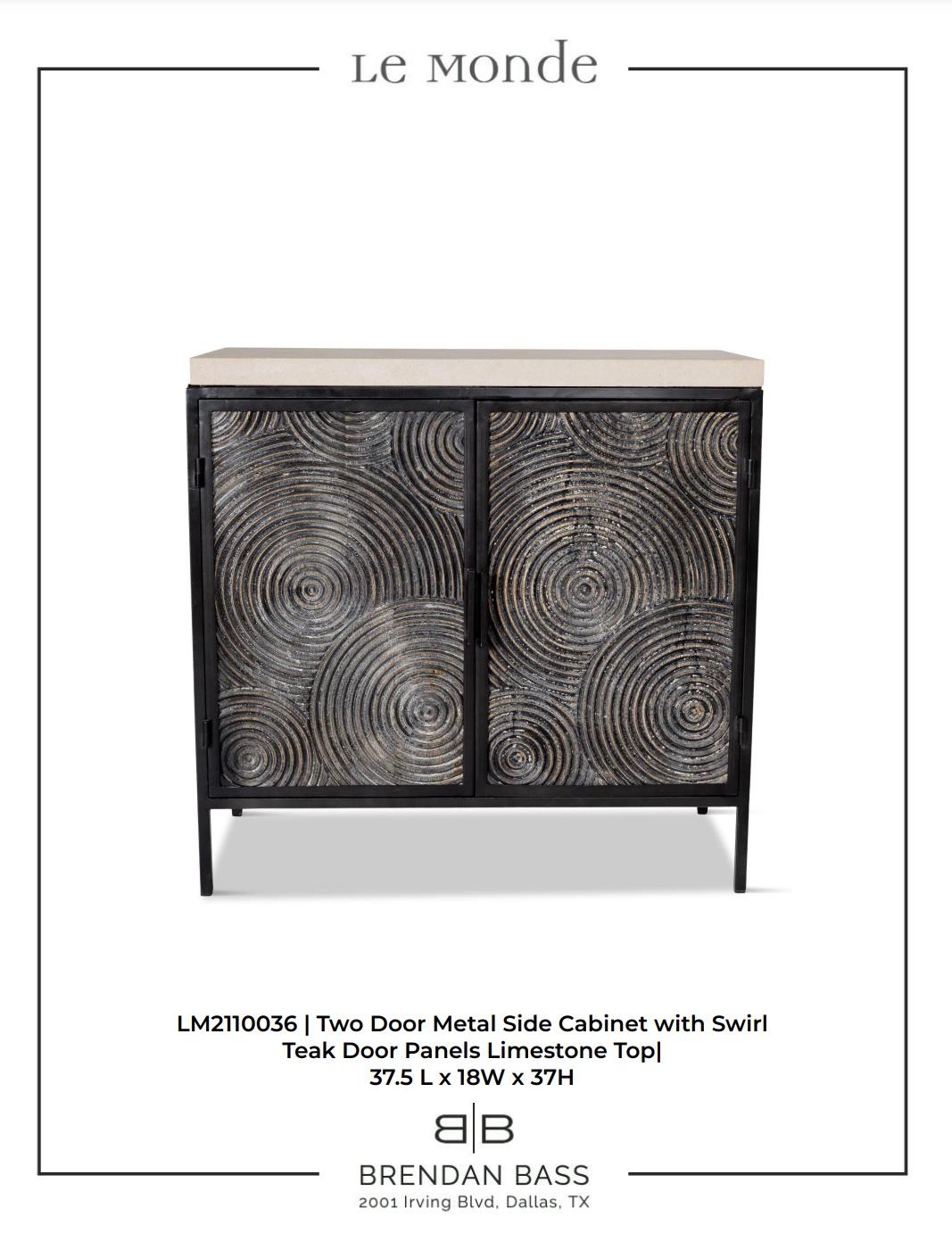 Two Door Metal Side Cabinet with Swirl Teak Door Panels and Limestone Top For Sale 5