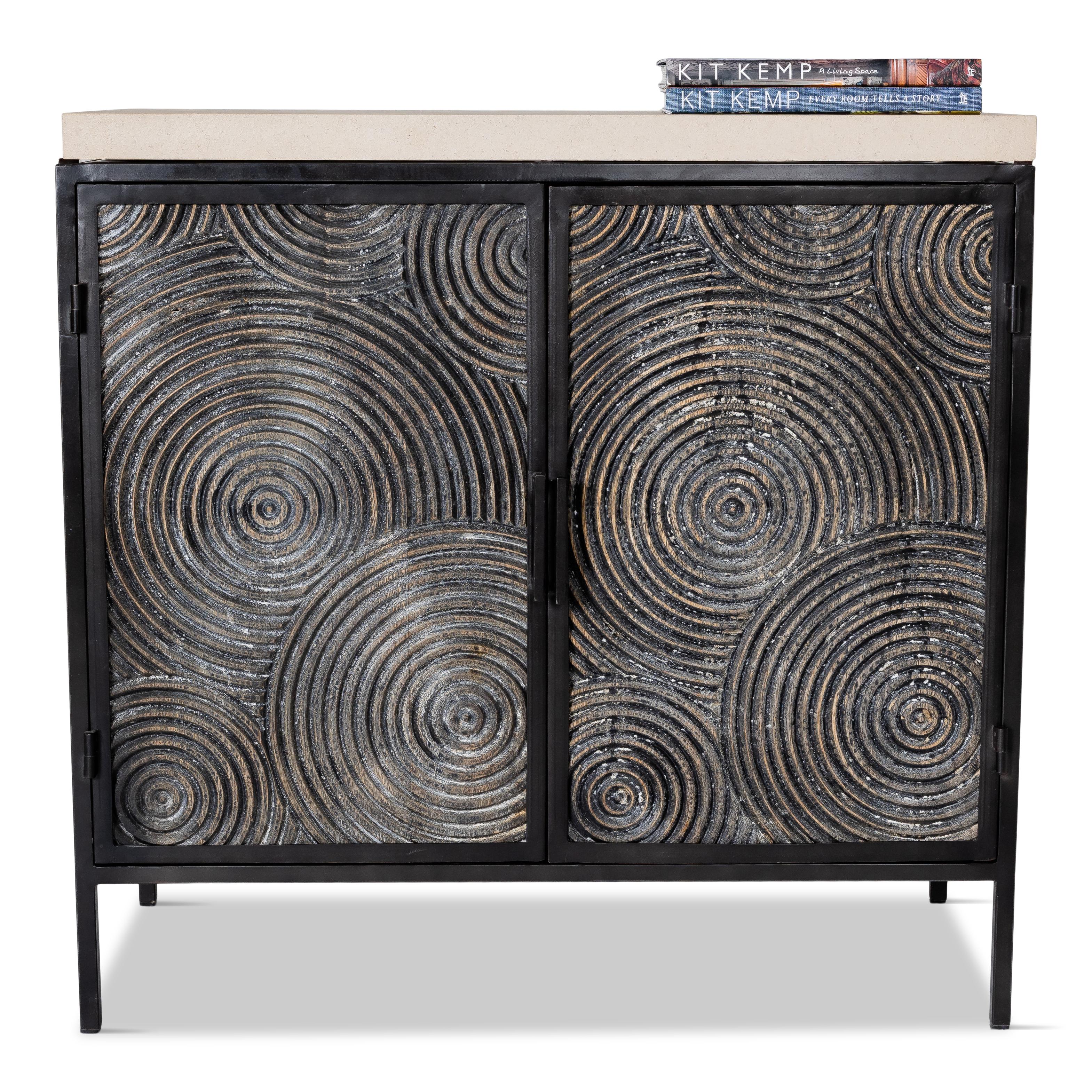 Two door metal cabinet with swirl detail teak doors and aded limestone top.

Piece from our one of a kind collection, Le Monde.