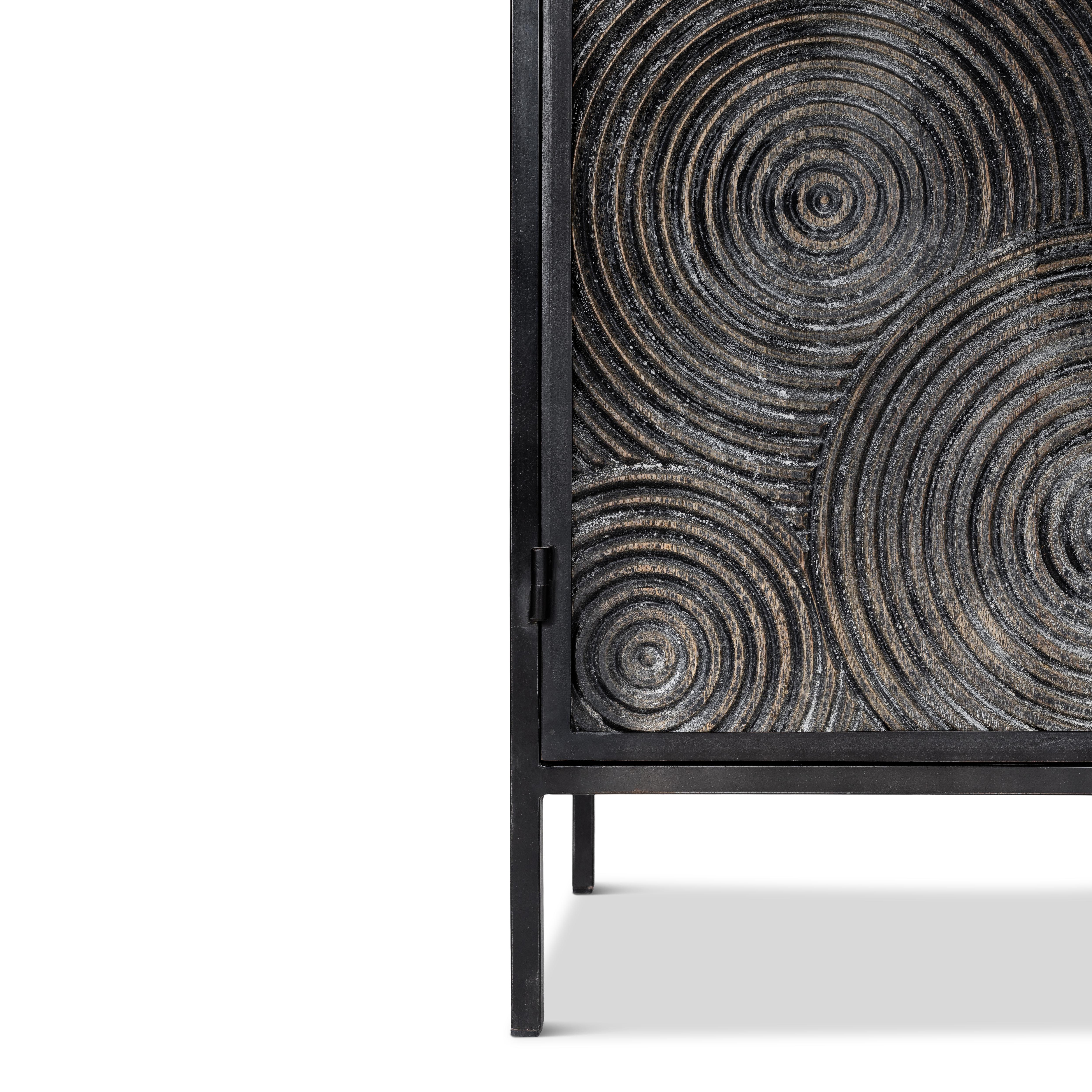 20th Century Two Door Metal Side Cabinet with Swirl Teak Door Panels and Limestone Top For Sale