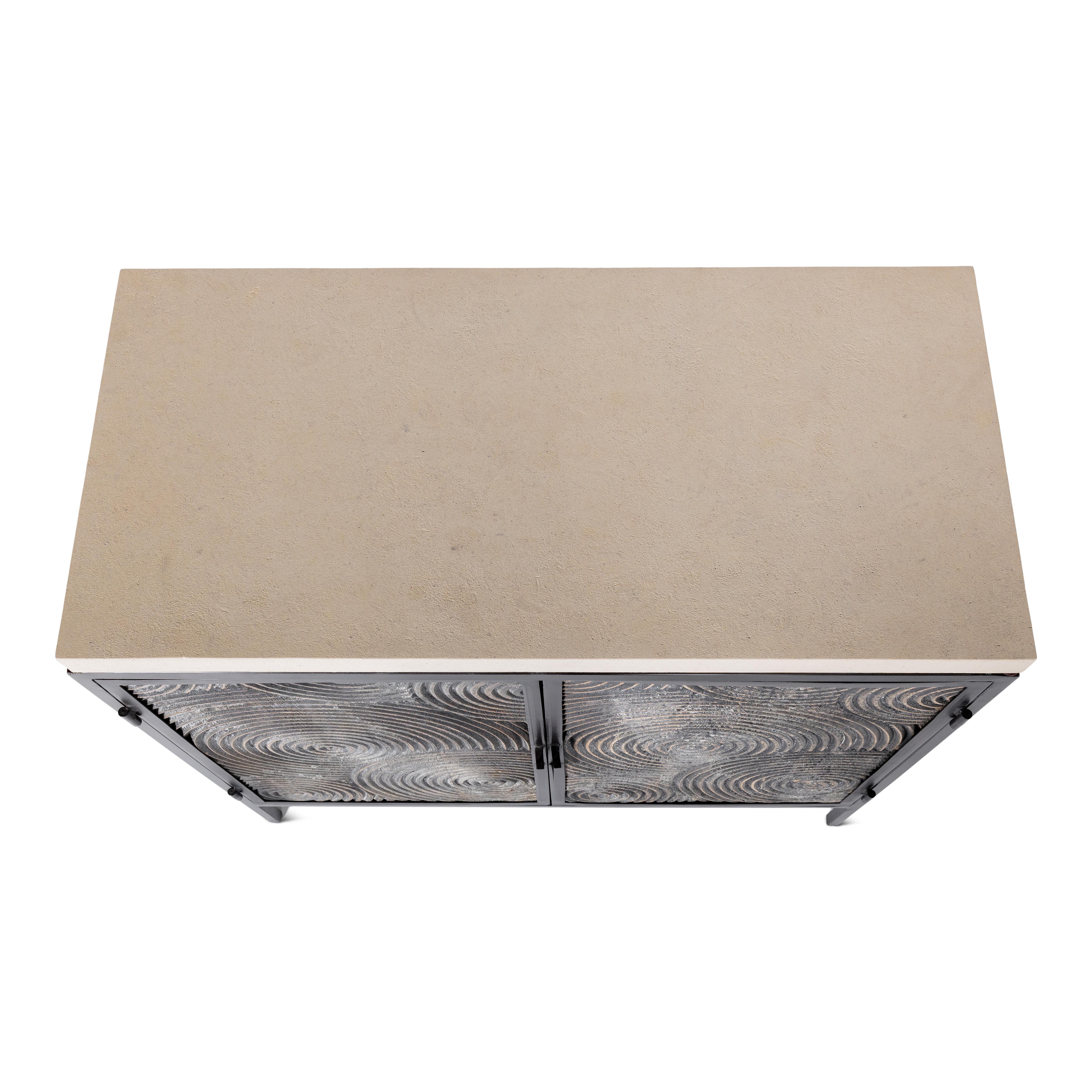 Two Door Metal Side Cabinet with Swirl Wood Door Panels and Limestone Top For Sale 3