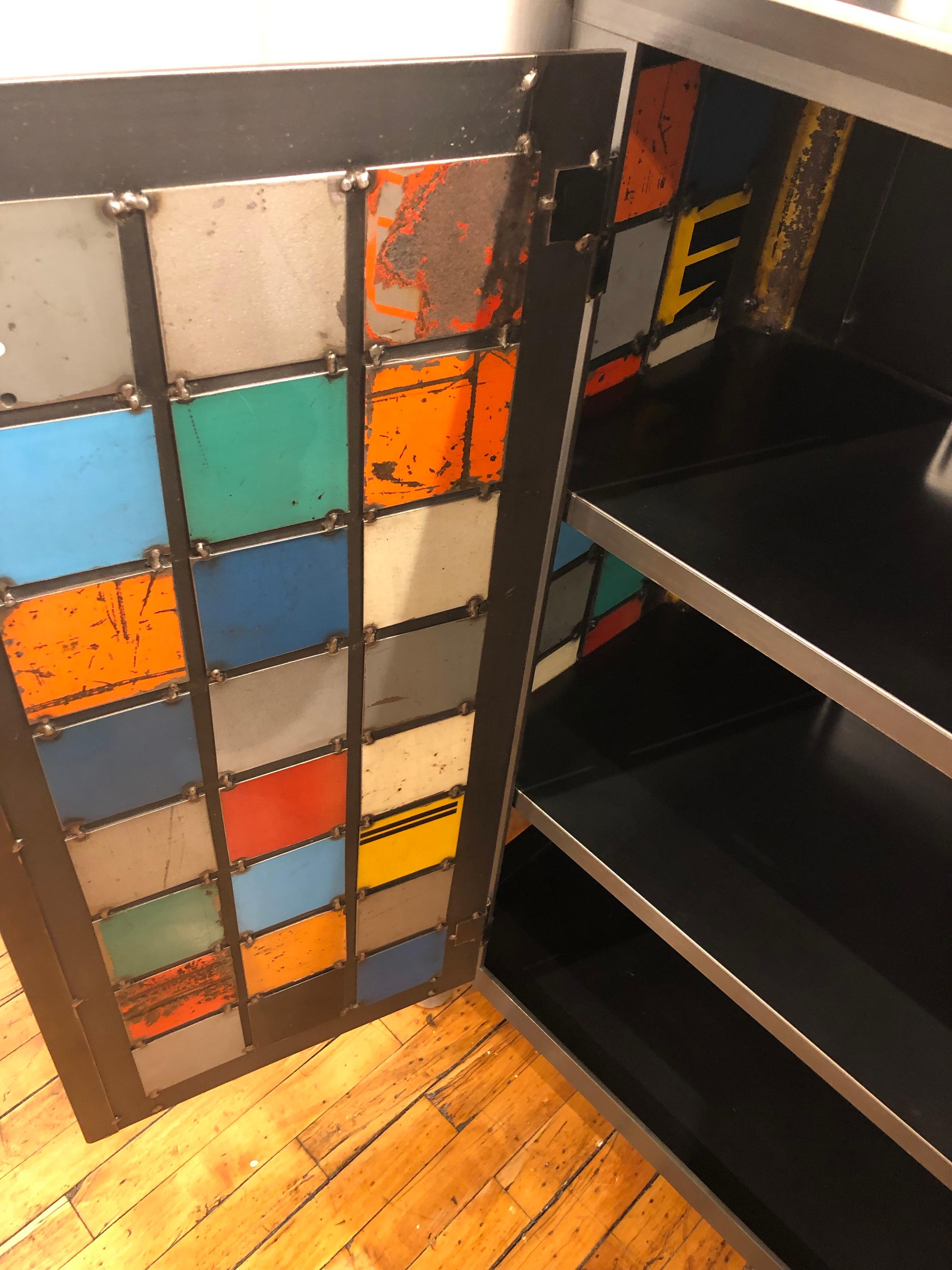 Jim Rose Two-Door Multicolor Block Quilt Cupboard, Steel Art Furniture In New Condition In Chicago, IL