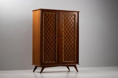 Two-Door Oak and Rattan Cane Armoire, Splayed Feet, France, 1950s