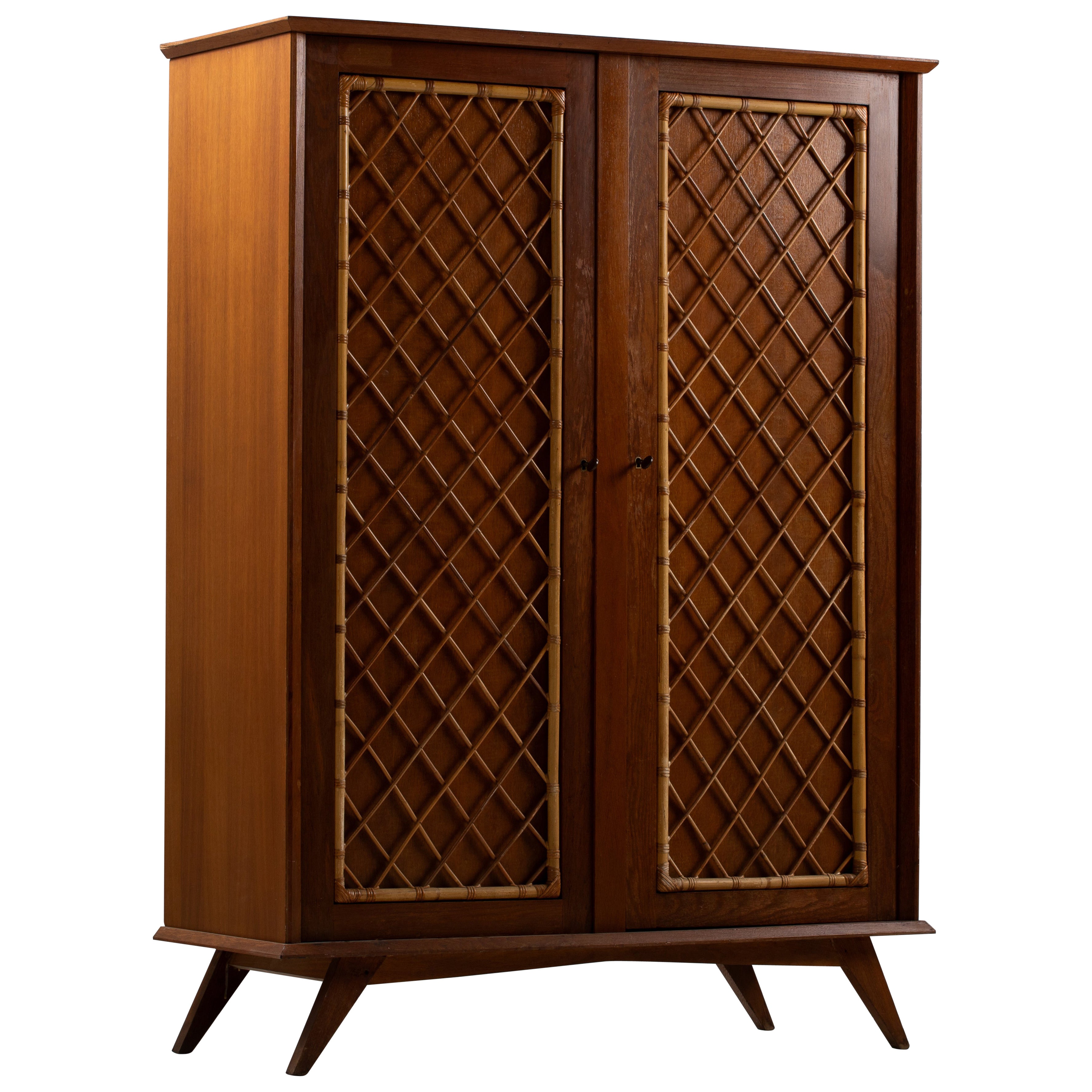 Two-Door Oak and Rattan Cane Armoire, Splayed Feet, France, 1950s For Sale