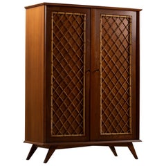 Two-Door Oak and Rattan Cane Armoire, Splayed Feet, France, 1950s