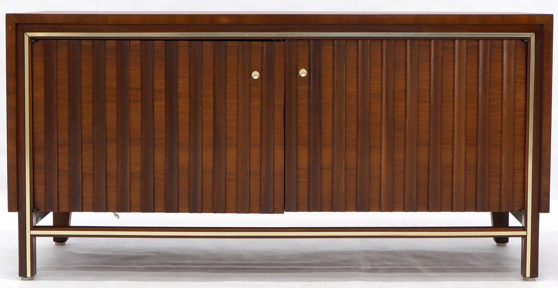 American Two Door Sculpted Front Small Walnut Credenza Dresser with Brass Accents