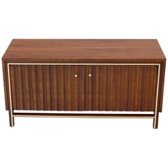 Two Door Sculpted Front Small Walnut Credenza Dresser with Brass Accents