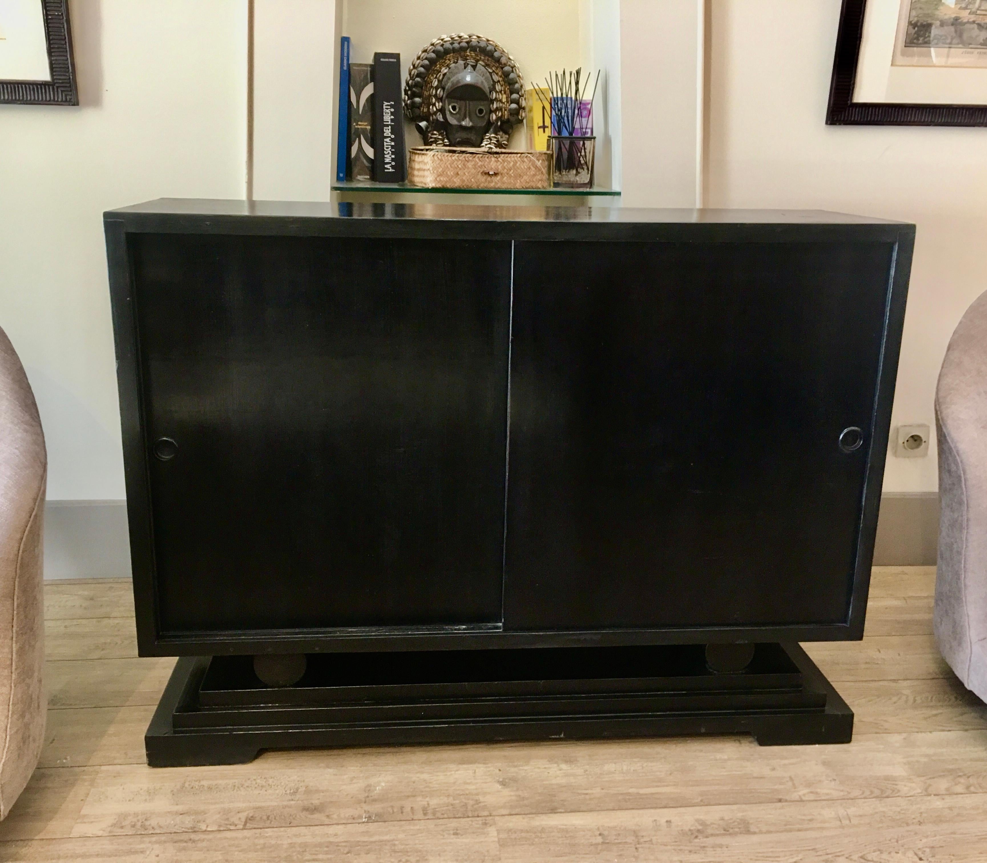 Two-Door Sideboard, Black Lacquer, 1970, French 4