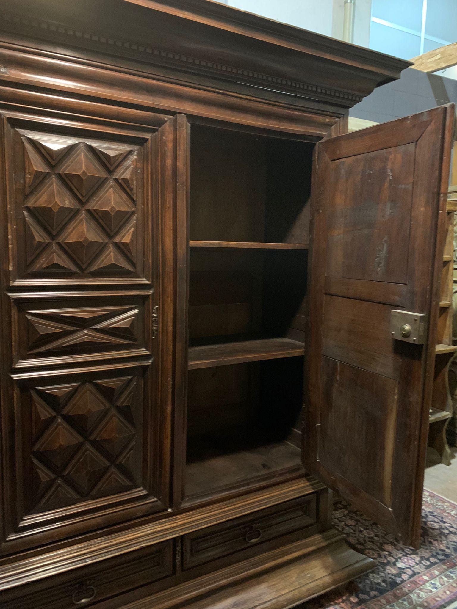 Two-door sideboard wardrobe with drawer, carved in walnut wood, Italy 9